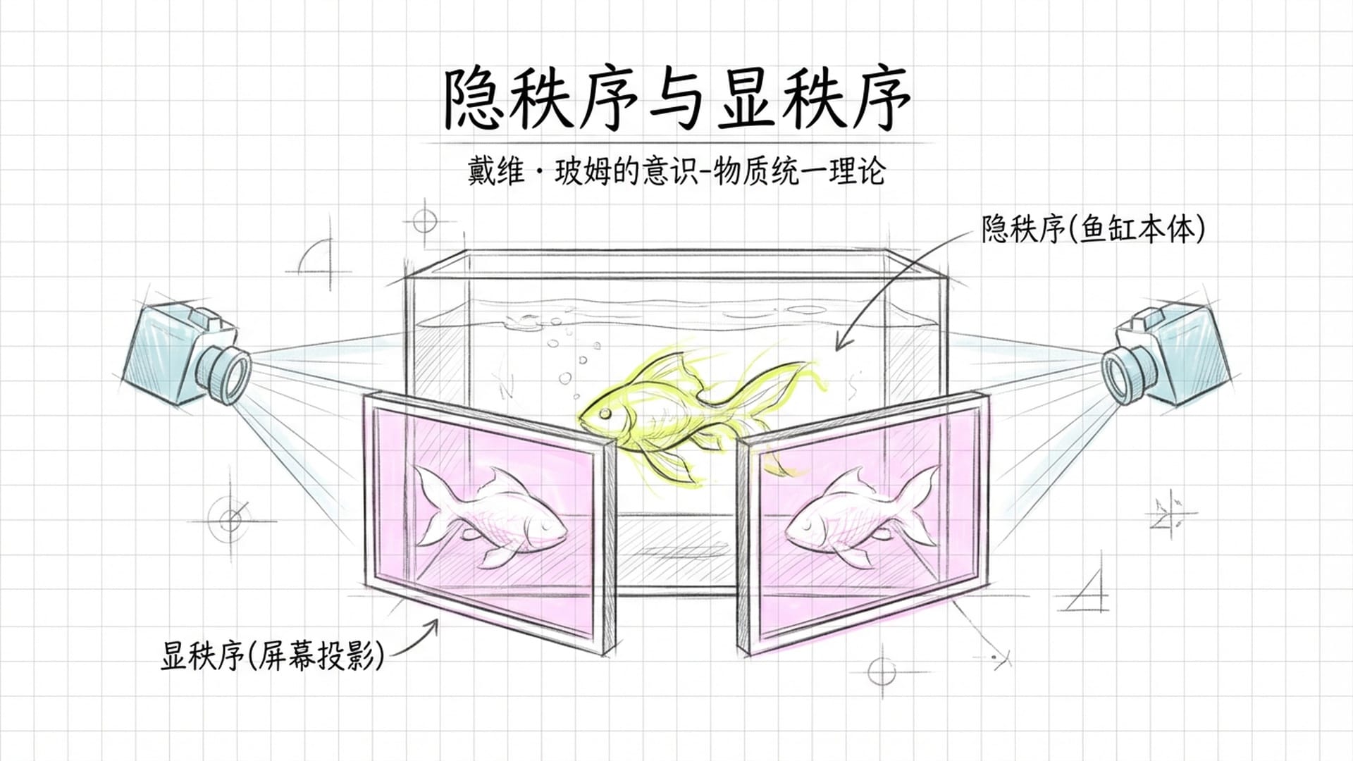 鱼缸侧面有两台摄像机，前方屏幕显示两条鱼，背后是一条真实游动的鱼。