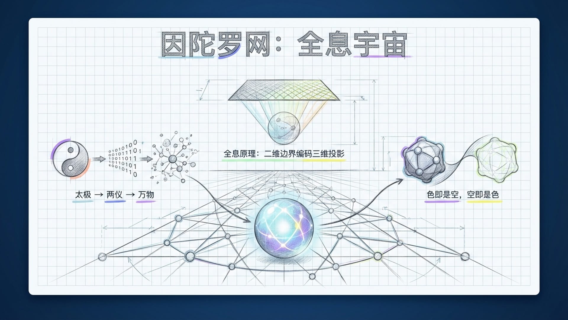 无限延展的发光网格，每个节点有一颗映射全宇宙的明珠，深蓝色深邃空间。