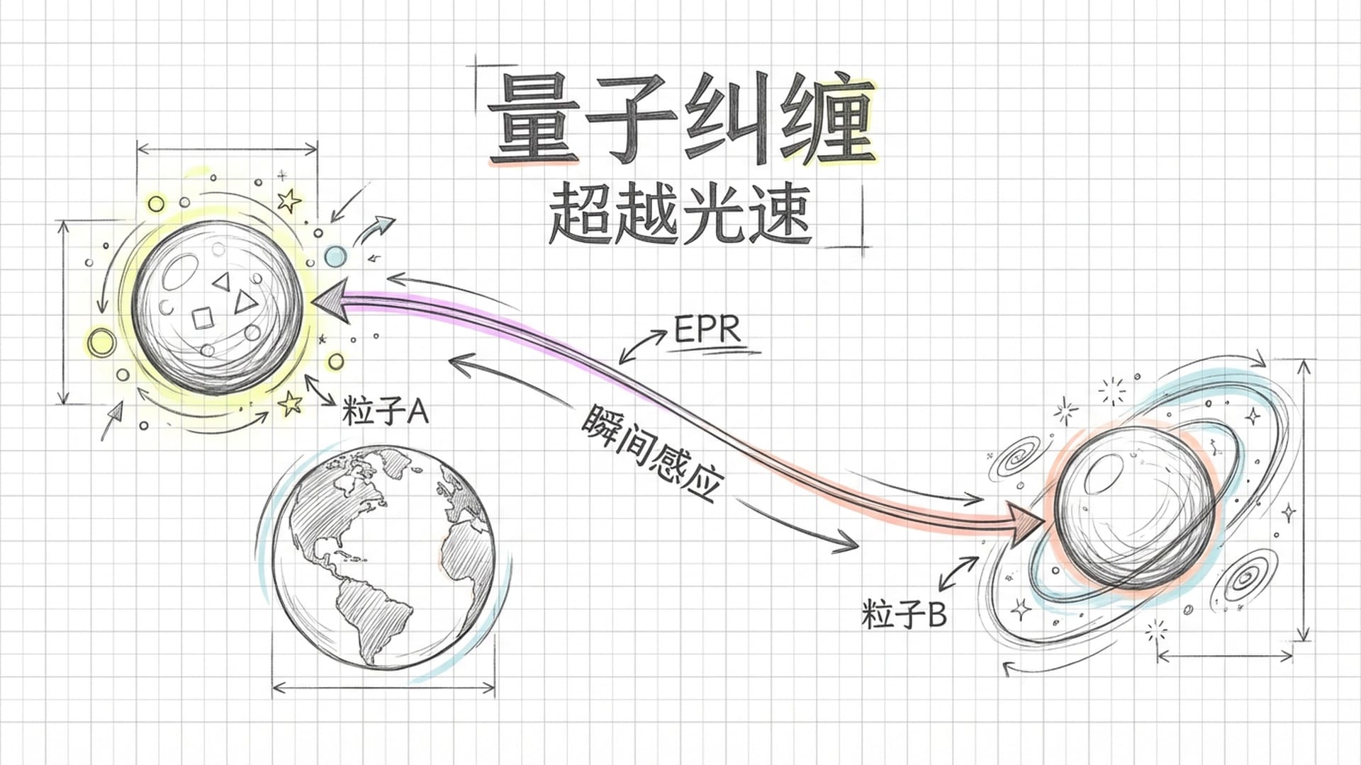 两个发光粒子在星系两端，中间由细长的光束跨越空间连接。