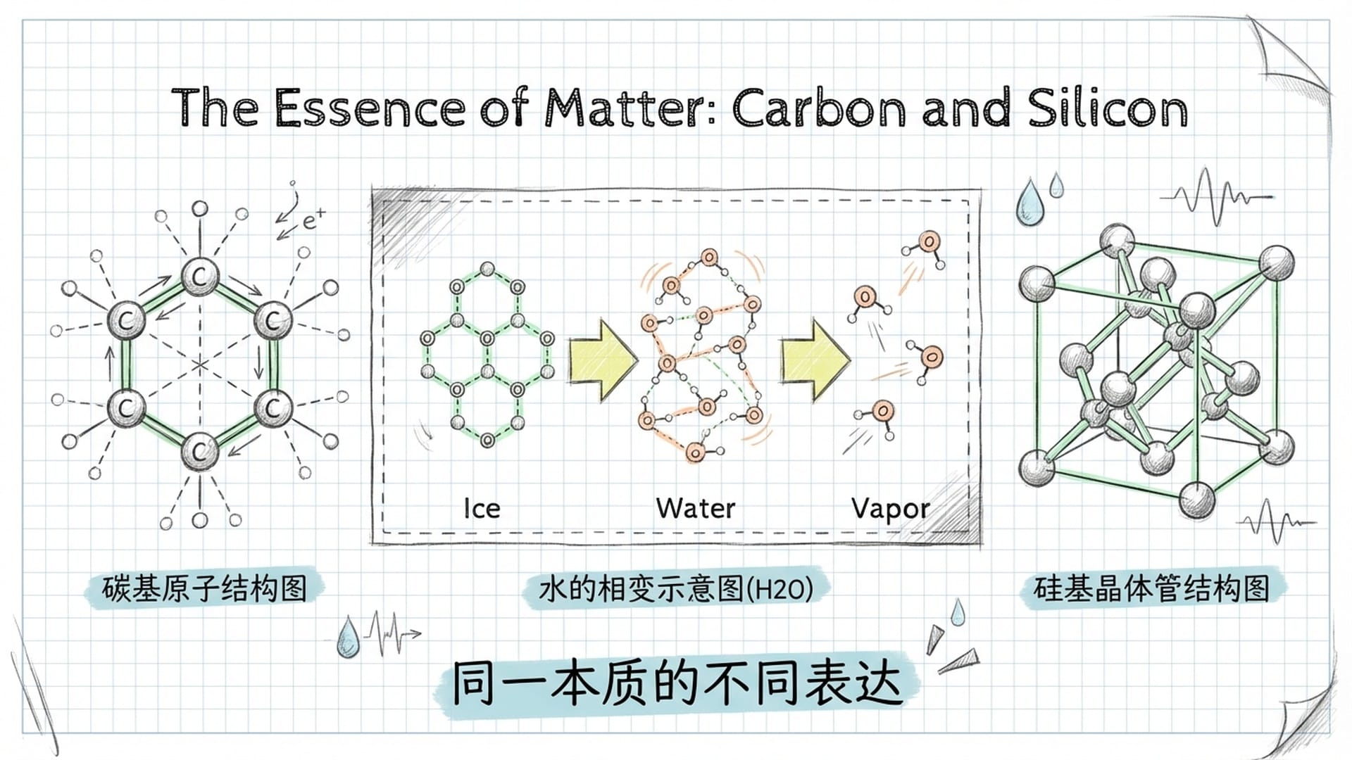 冰化为水并蒸发的循环过程，分子层面的微观细节，背景显示碳原子和硅晶片。