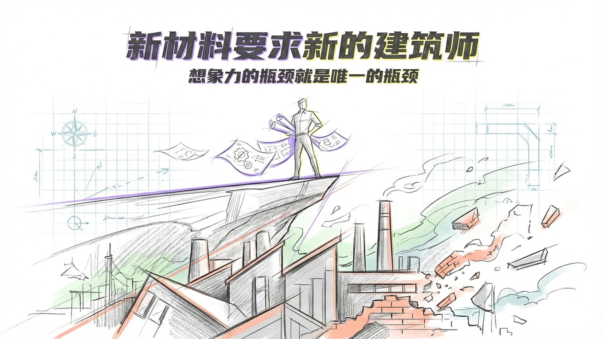 一个站在悬崖边的建筑师，手中拿着钢铁设计的蓝图，正凝视着下方正在消融的旧工厂，眼神坚定。