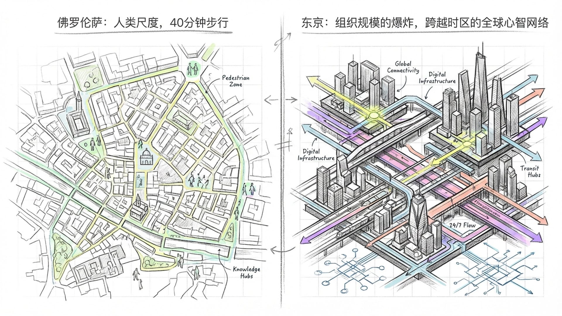 左半边是佛罗伦萨的宁静街区俯瞰图，右半边是东京涩谷或重庆的高密度立体交通网路。