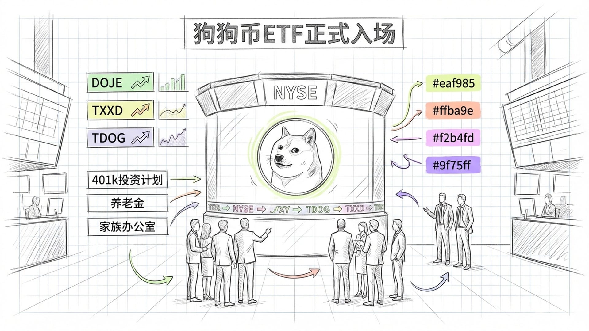 狗狗币ETF在纽交所的大屏上显示