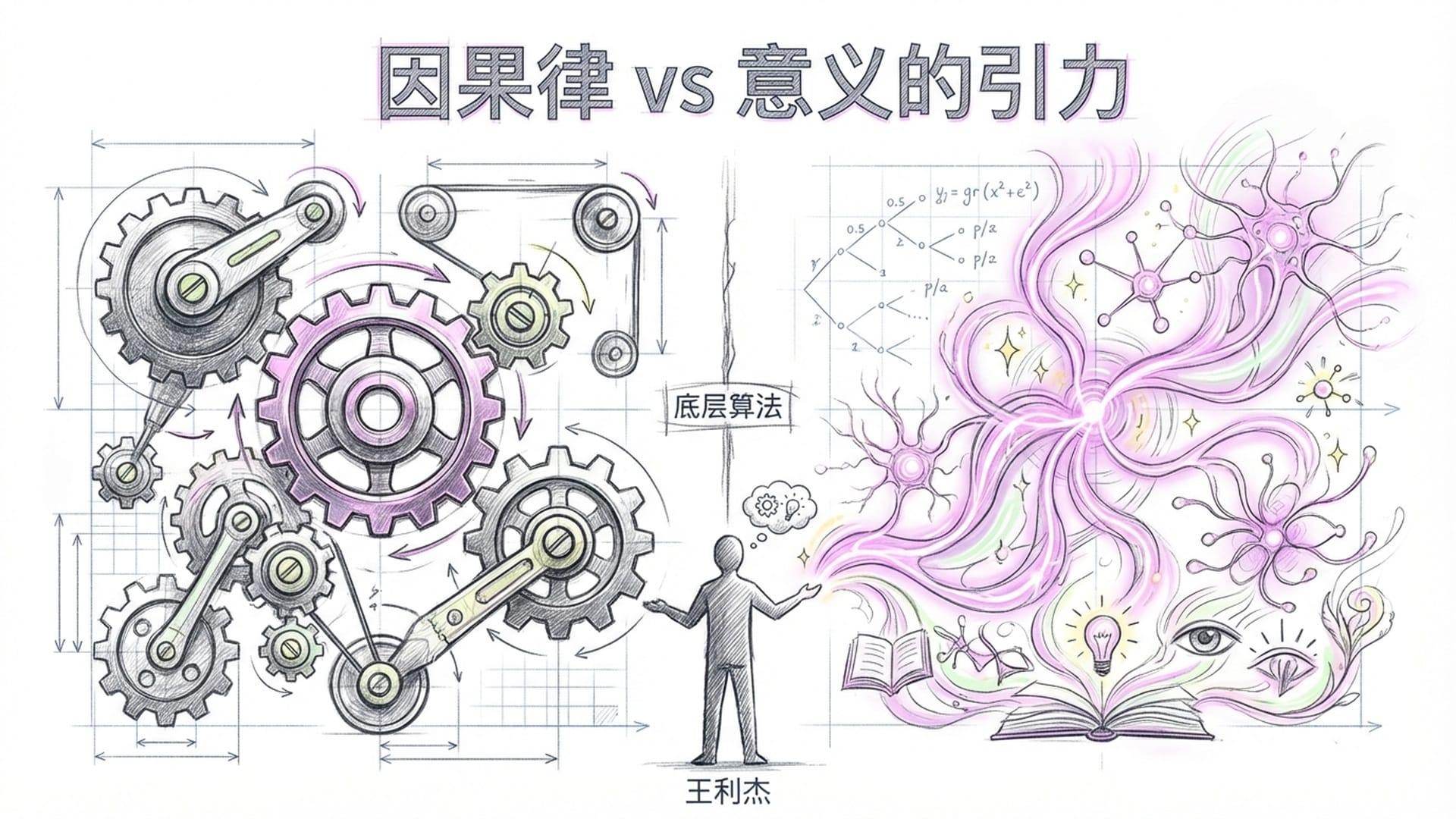 巨大的齿轮机械与流动的发光神经网络的对比