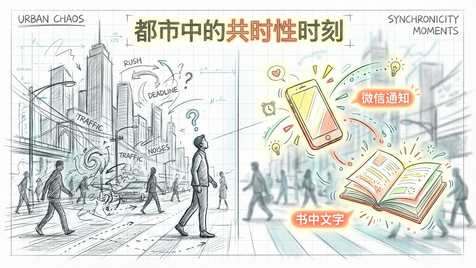 行人在繁华都市中被微信头像和书中文字吸引