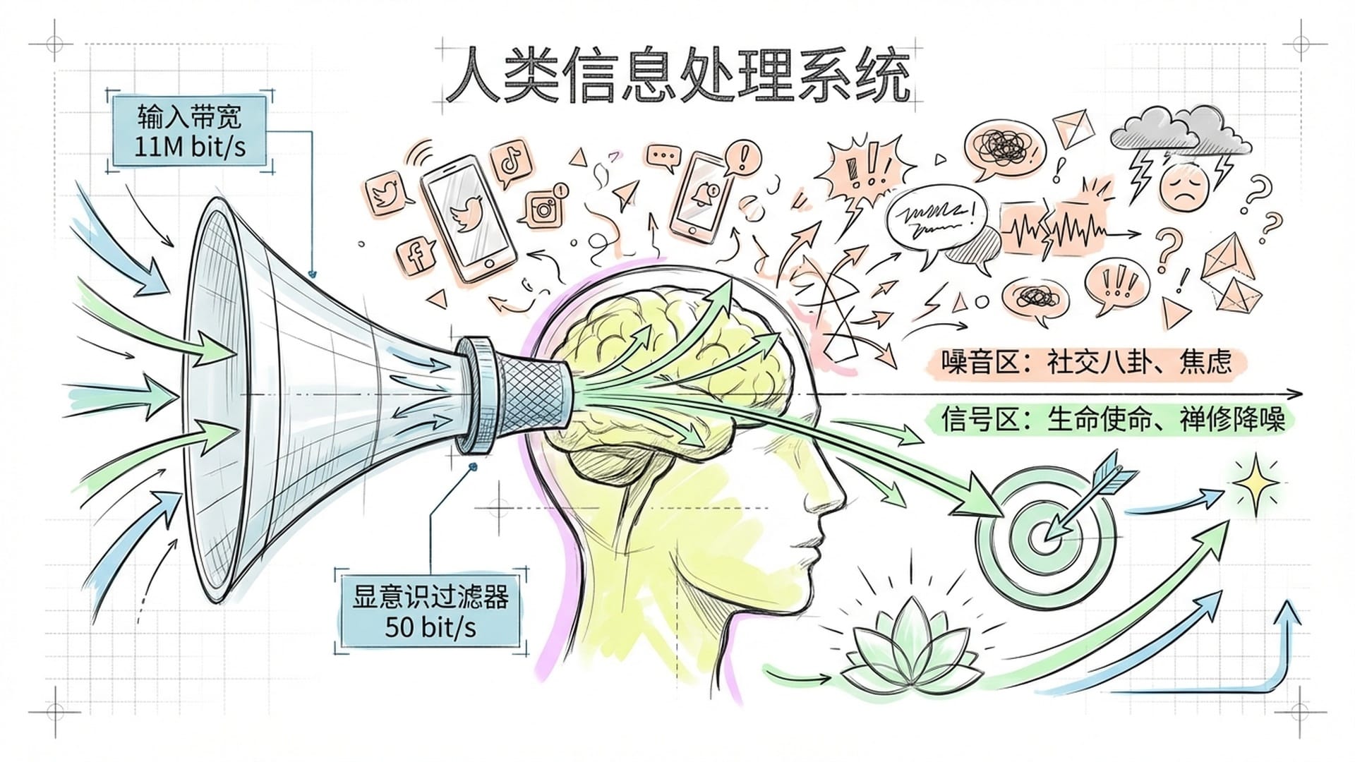 人类信息处理系统示意图，大量的社交媒体噪音干扰了核心生命信号的传输
