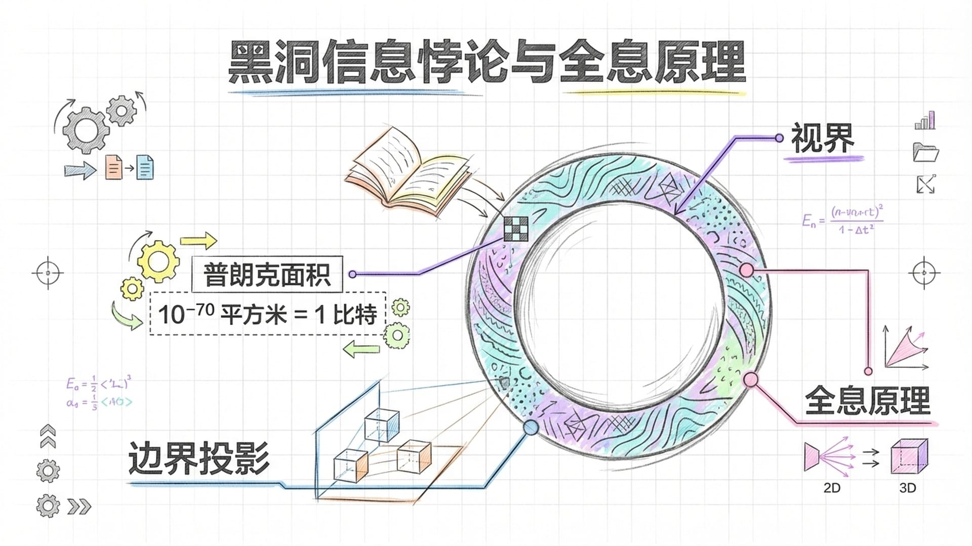 黑洞边缘（视界）的视觉，书本掉入黑洞，信息像全息贴纸一样被编码在黑洞表面