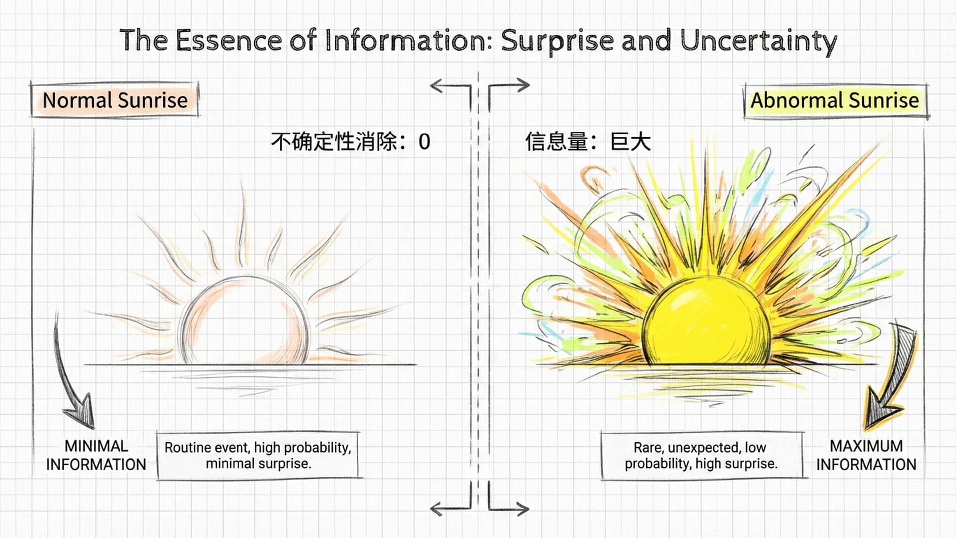 信息的本质实验：东升的太阳（无信息）与西升的太阳（巨大信息量）的视觉对比，象征“惊讶度”