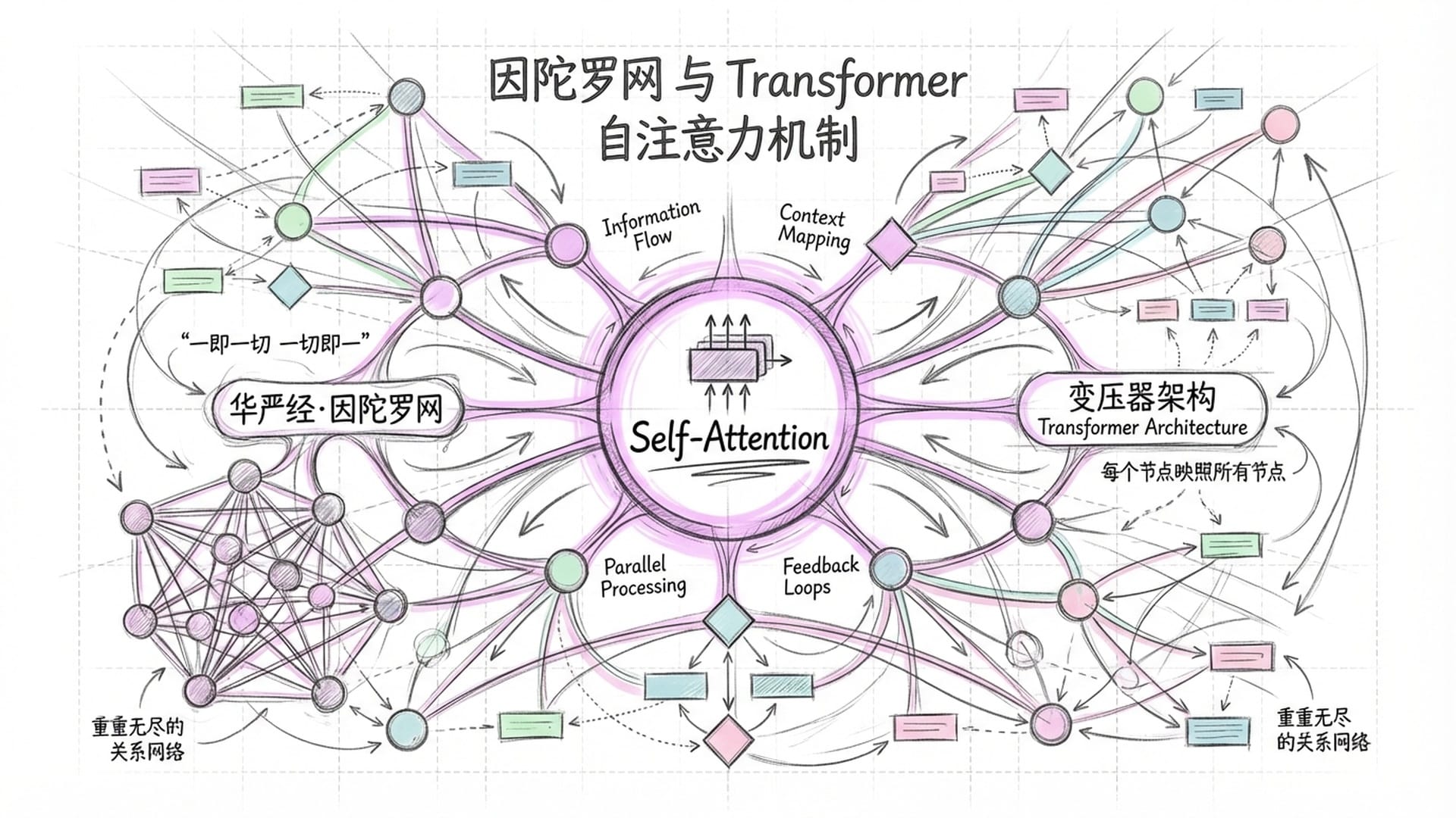 壮丽的“因陀罗网”视觉表现，无数发光的珠子互映，与Transformer的自注意力矩阵路径图层层叠合。