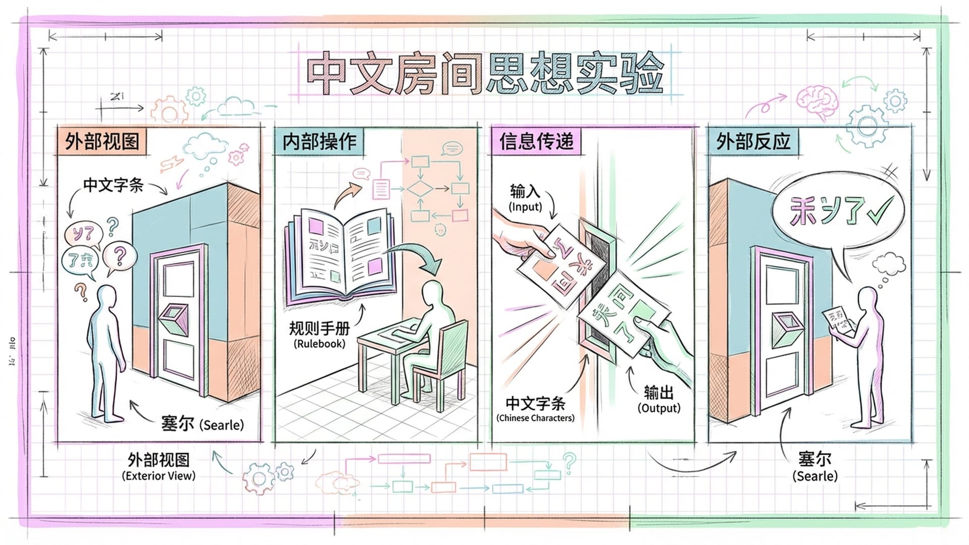 一个复古而神秘的房间内部，一个人通过门缝递送纸条，展现塞尔提出的中文房间思想实验。