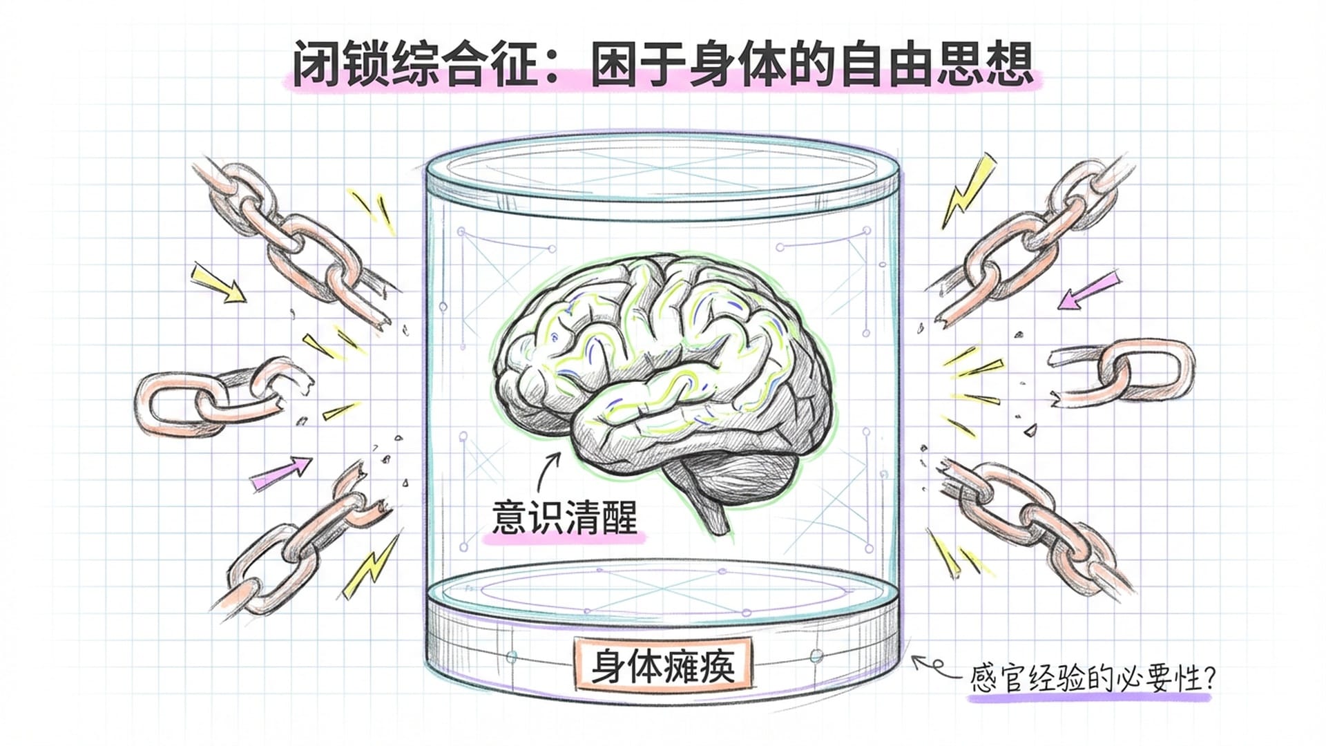 一个极具冲击力的视觉设计：营养液中的大脑（缸中之脑），周围环绕着断裂的枷锁，象征思想在受限体内的自由运动。