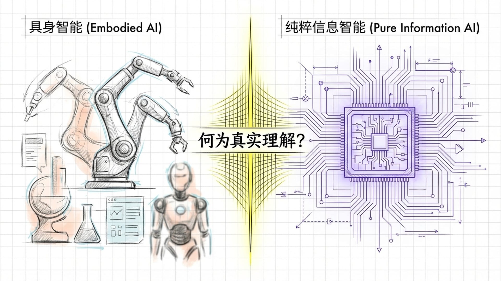 分裂的屏幕，一边是忙碌的实验室机器人，另一边是静止的处理器芯片发出幽幽蓝光，象征两种关于智能路径的争论。