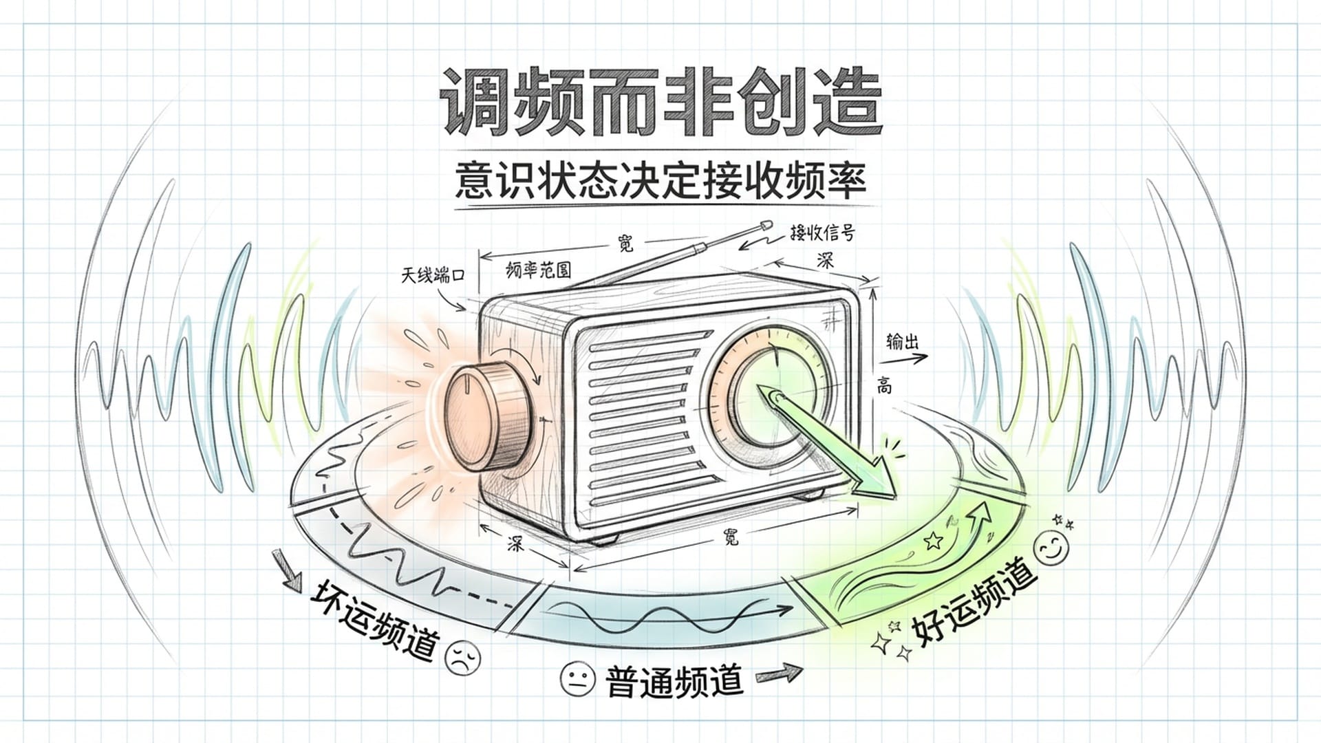 一台复古收音机，旋钮处发出强光，周围是各种交织的颜色频率波纹。