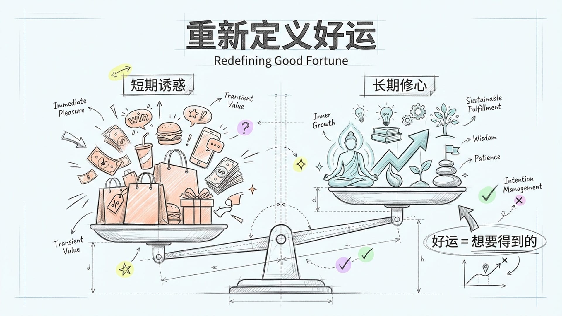 天平的两端，一端是沉重的眼前欲望，另一端是轻盈的远期目标，但天平向远期倾斜。