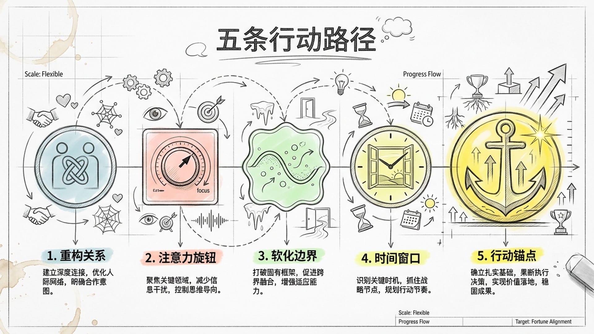 五条清晰的行动路径，从意识调整延伸到具体的动作：重构、注意、软化、长线、行动。