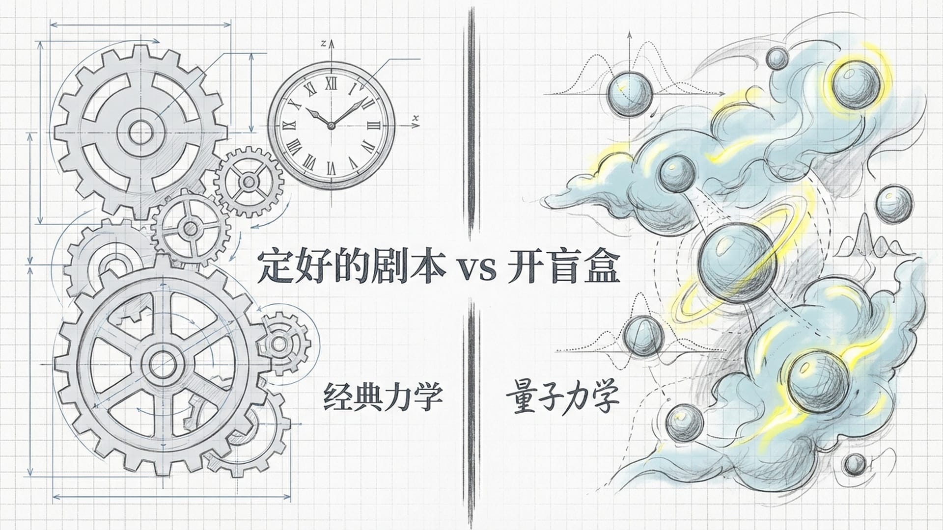 古典机械时钟与量子云团的对比，象征牛顿力学与量子力学的碰撞。