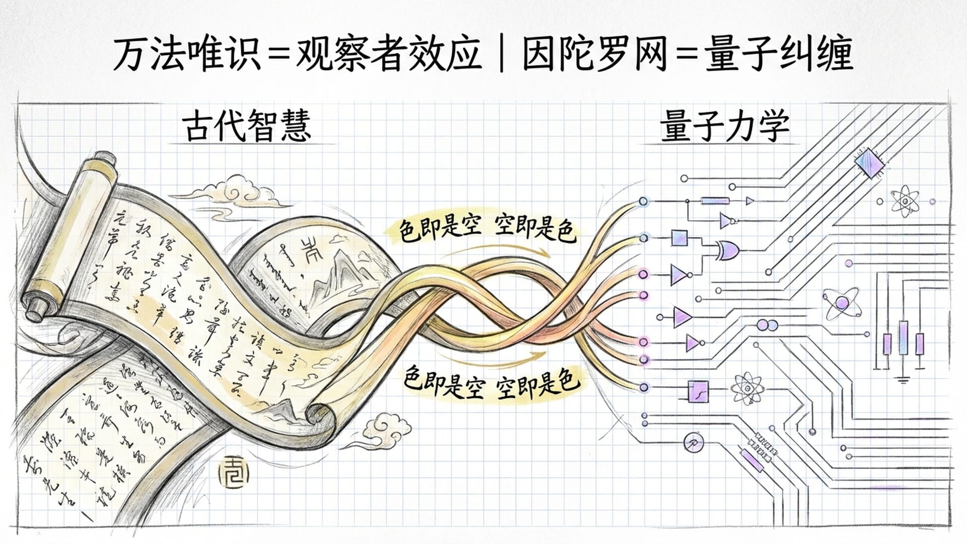 一边是古老的《心经》残页卷轴，另一边是现代量子芯片的微结构，两者通过金色的纠缠线连接。