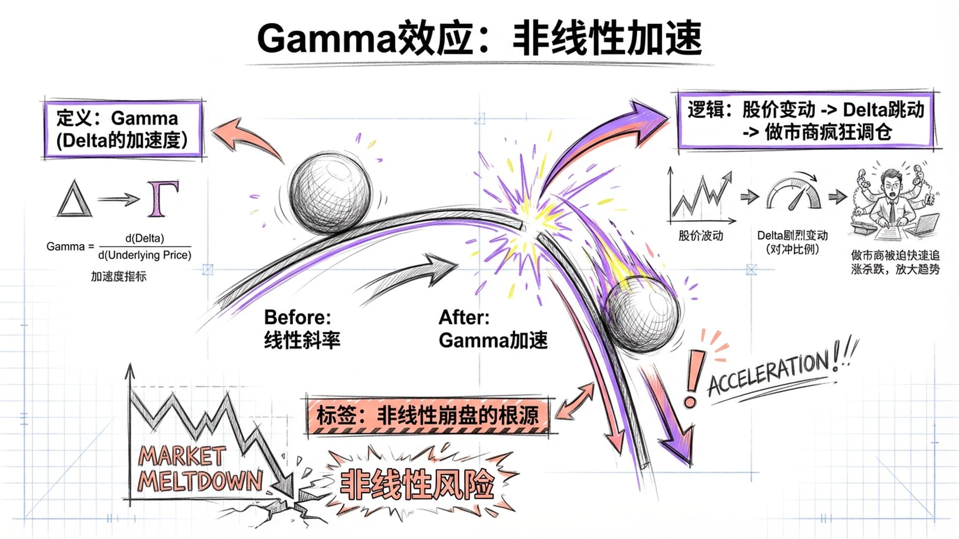 Gamma效应的物理加速示意图。一个球在陡坡上滑行，坡度瞬间变陡变成垂直悬崖，火星四溅。色彩使用#9f75ff（紫色）。