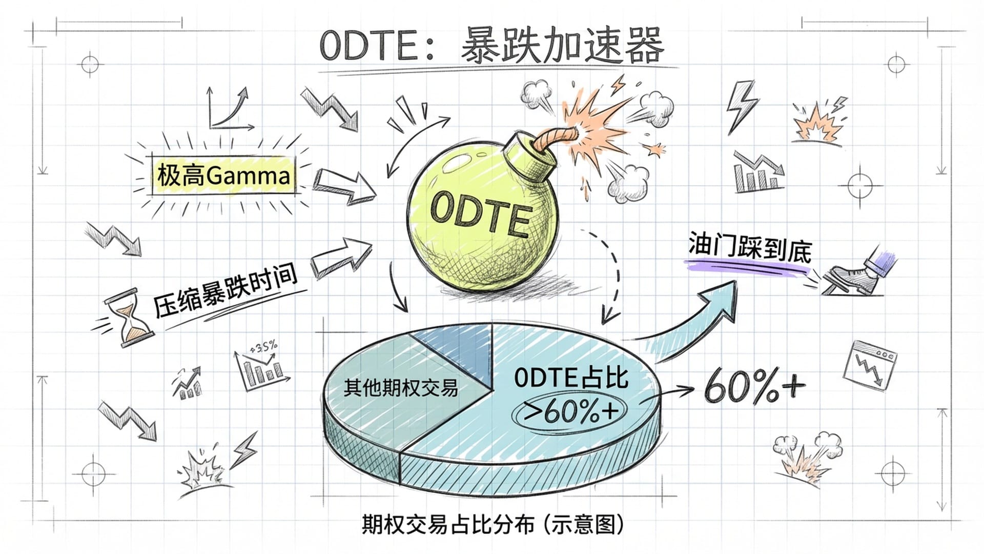 一个写着“0DTE”的定时炸弹，引信极短，正在快速燃烧。背景是标普500期权占比的饼图。