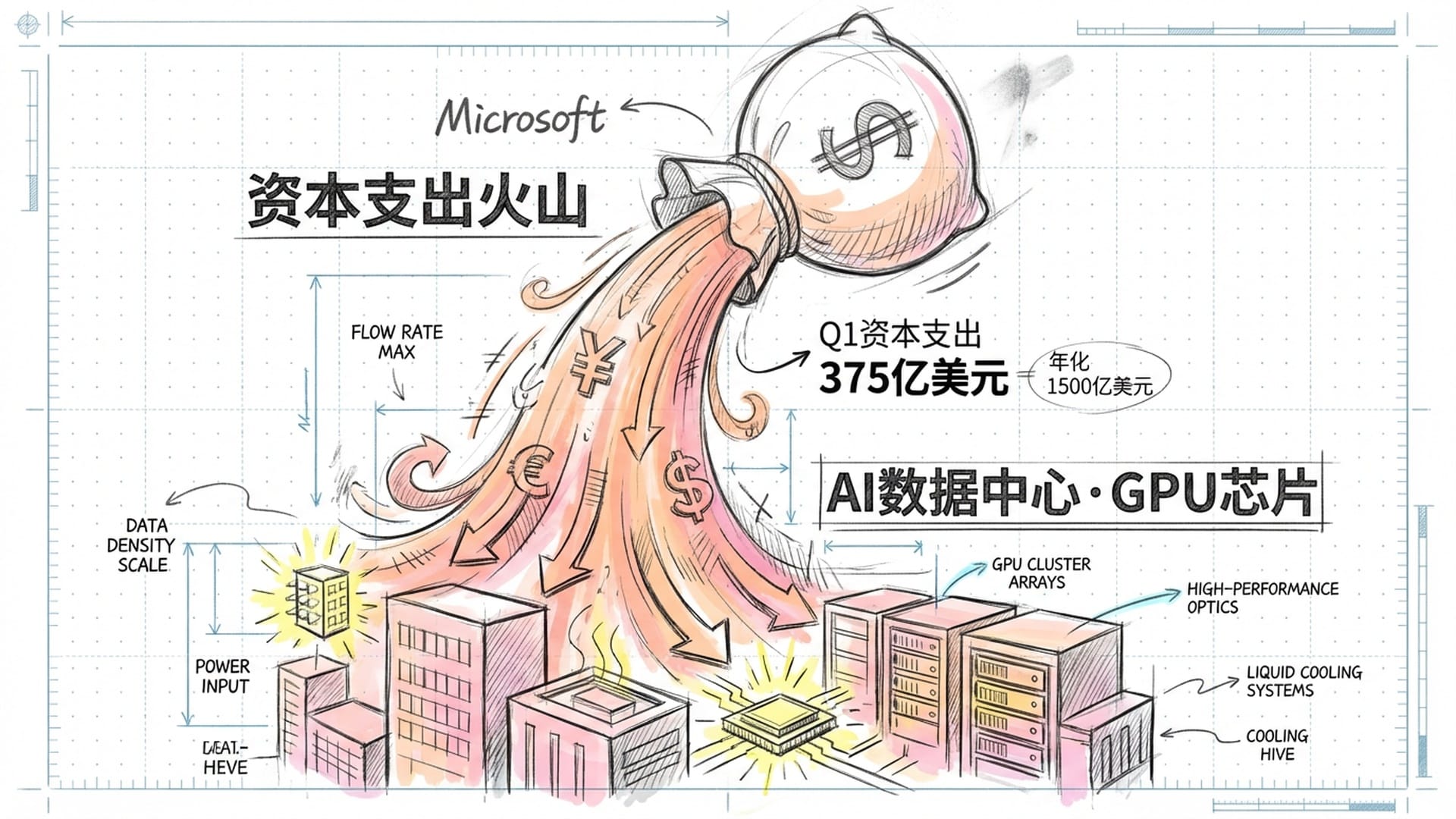 一个巨大的钱袋向火山口倾倒，火山口下方是发光的数据中心和英伟达GPU集群。色调以#ffba9e（橙红）为主。