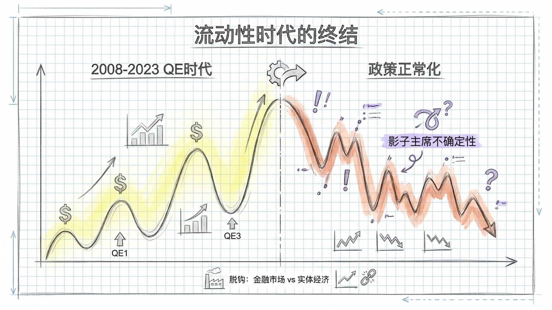 历史波动的对比，从2008年QE开始的无限流动性注水到现在的“断奶”时刻，波浪图从极高波峰转为震荡下跌。