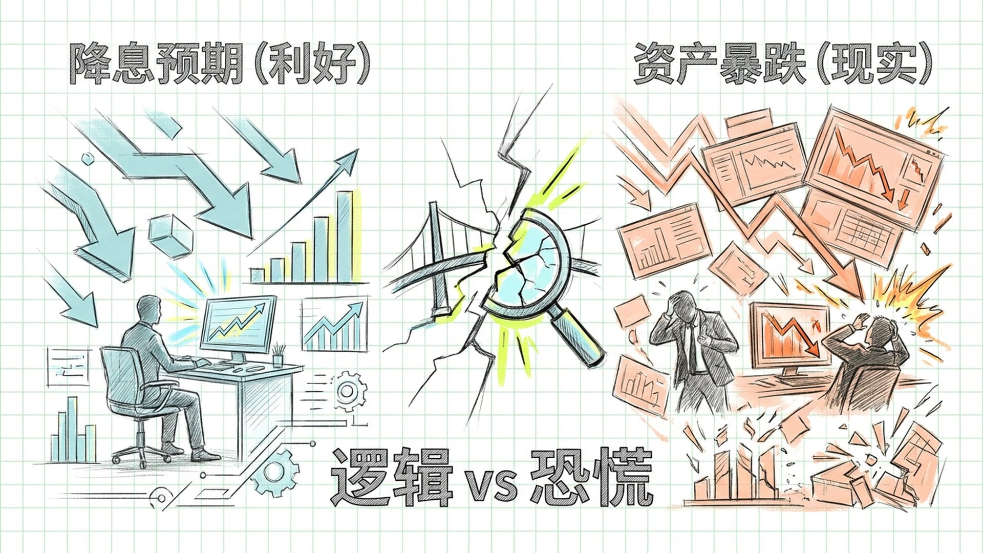 分裂的股市屏幕，一边是向上的降息箭头，另一边是恐慌抛售的交易员，中间是深渊，暗黑色调。