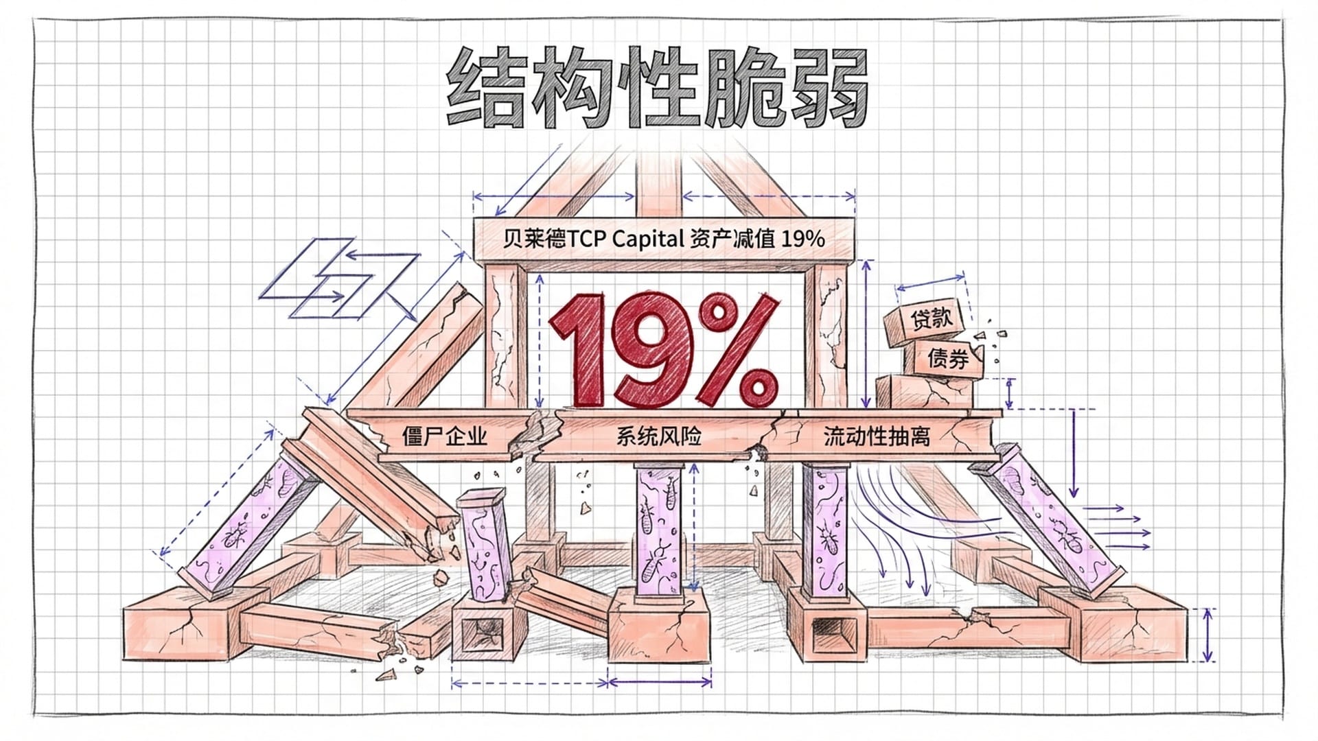 正在崩塌的基础建筑，柱石里全是象征坏账的白蚁，中心是大红色的贝莱德TCP Capital基金减值19%的数据。