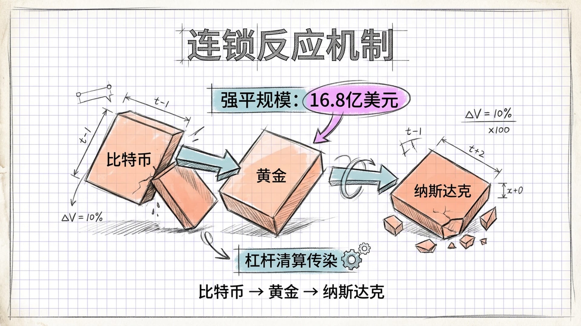 连锁反应示意图，从比特币跌落，触发多米诺骨牌倒向黄金、白银和美股，背景是红色的清算提示字样。