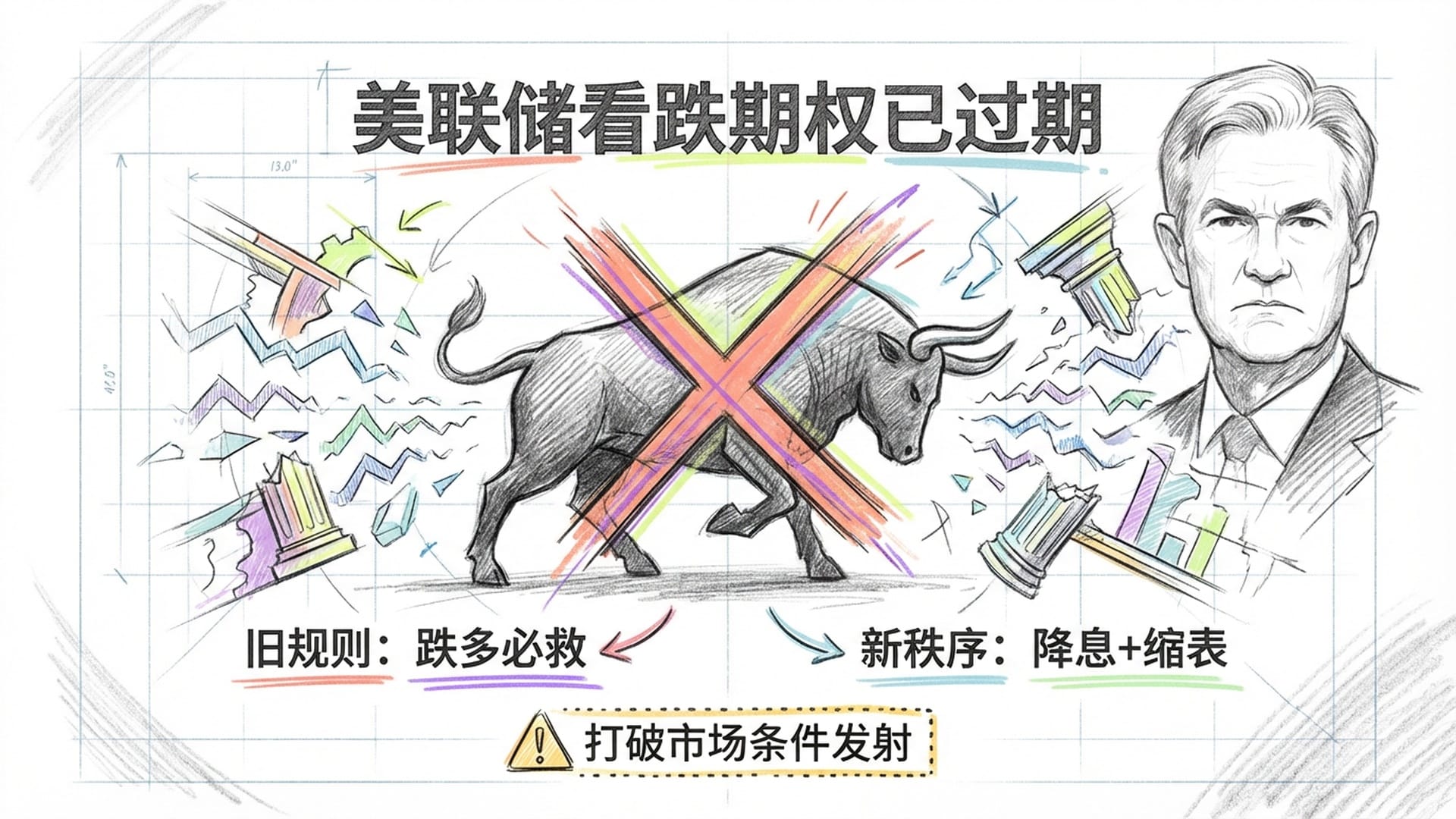 一头被打上叉号的牛（代表美联储看跌期权已过期），旁边是沃什冷峻的面孔，背景是分崩离析的牛市逻辑。