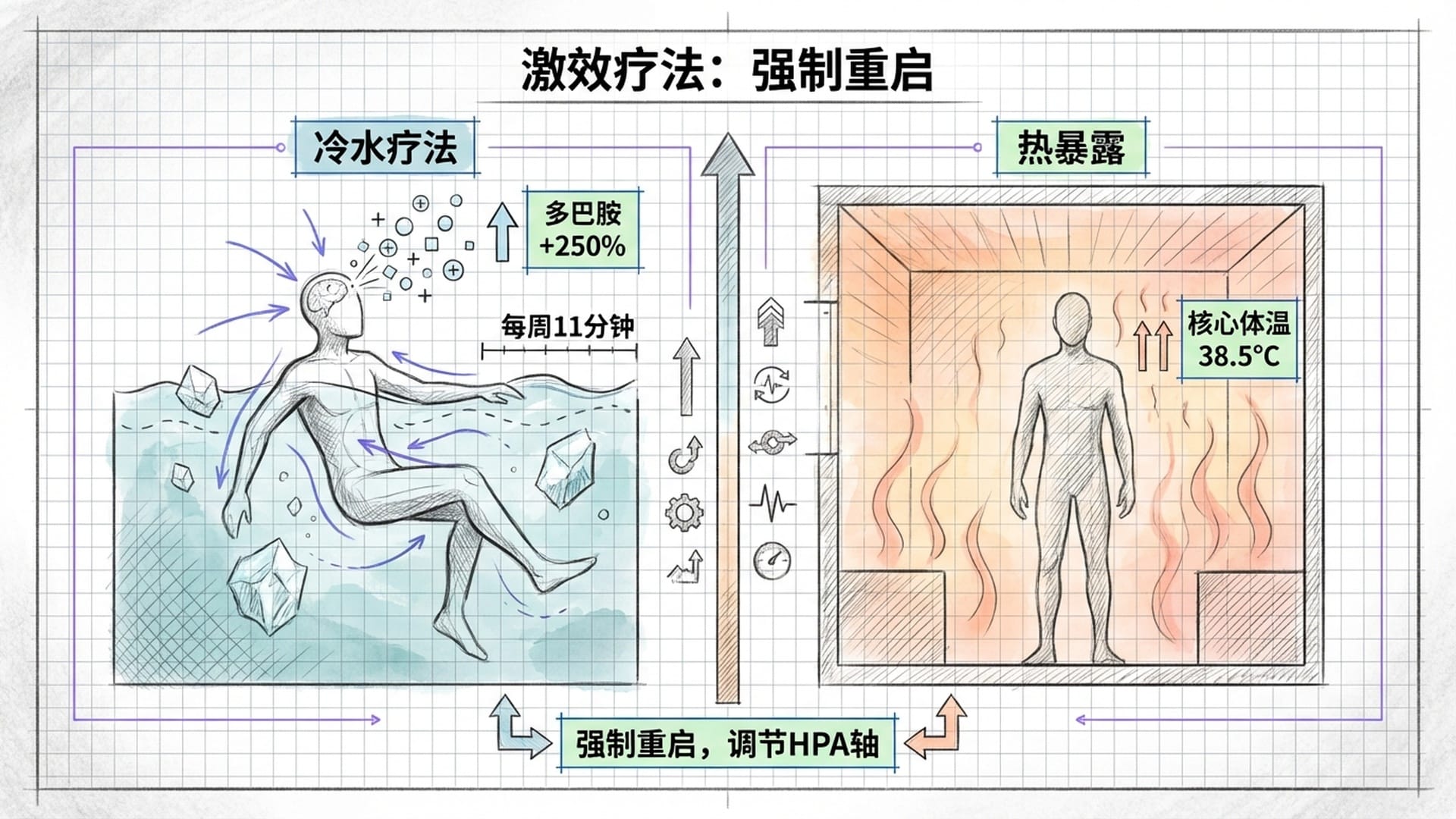 一个人跳入冰水中,以及在桑拿房中流汗的对比画面。