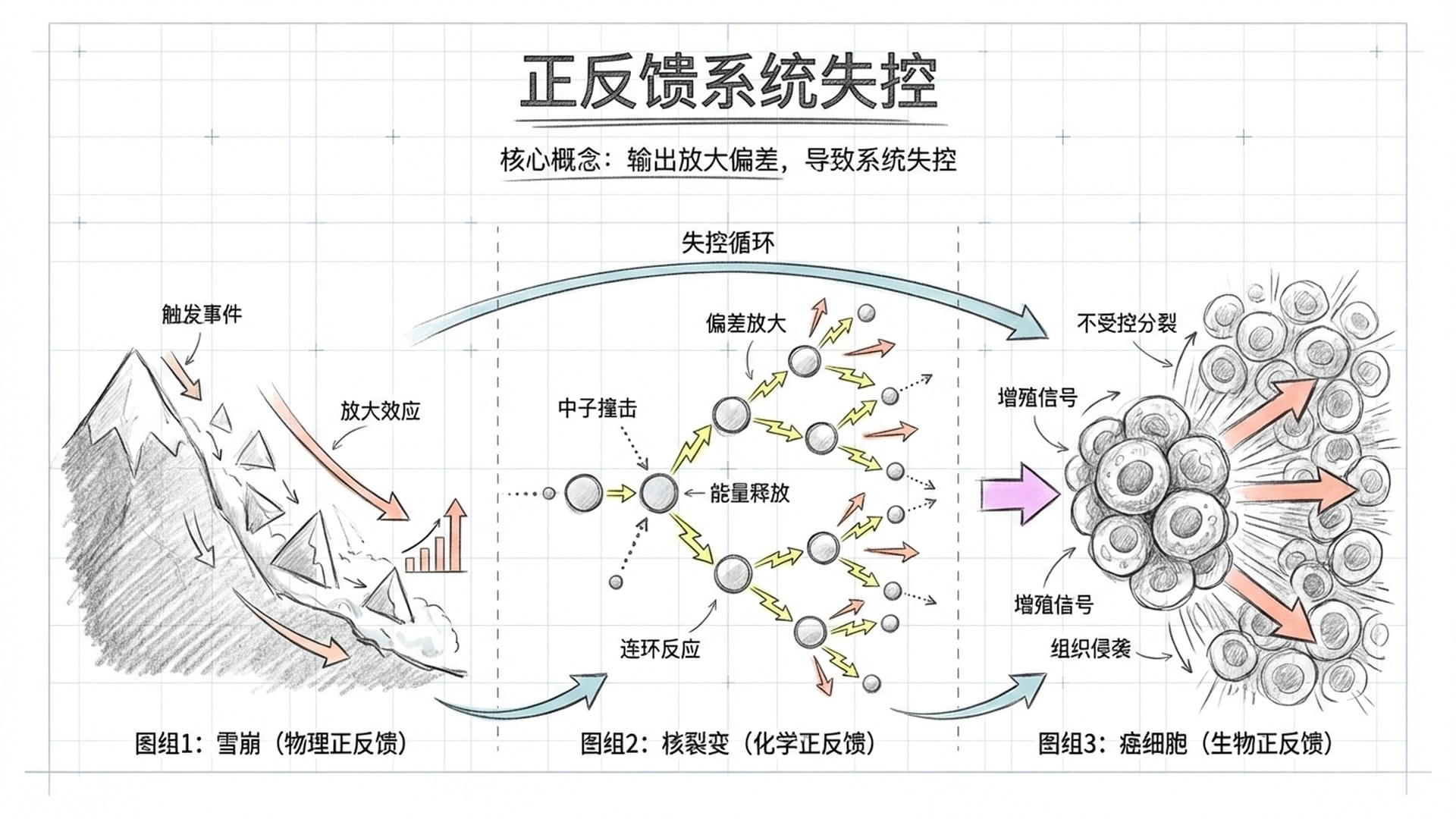 雪崩、核裂变连锁反应和癌细胞增殖的对比图解。