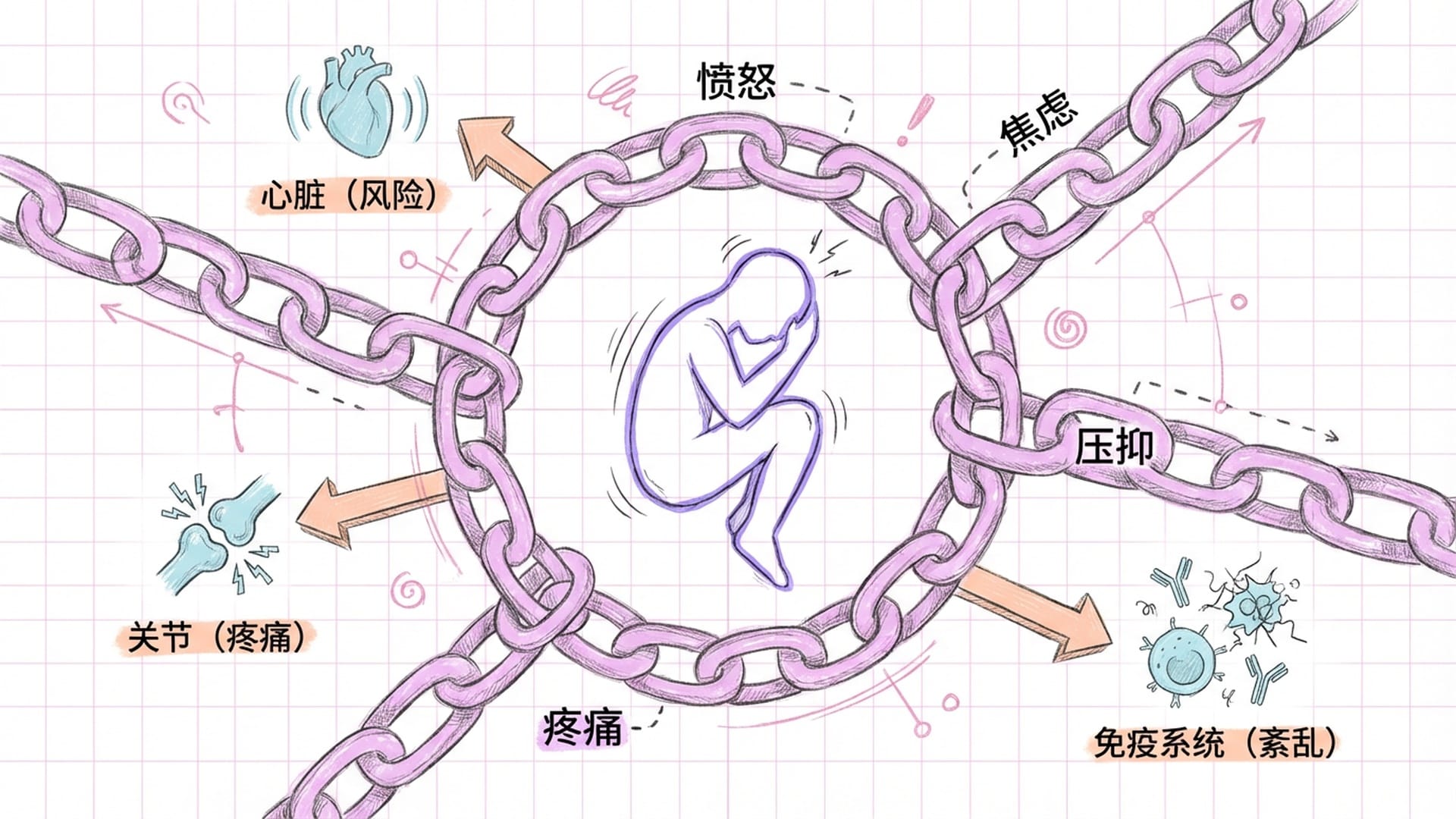 一个人痛苦地蜷缩,身体周围缠绕着锁链,锁链上贴着负面情绪标签。