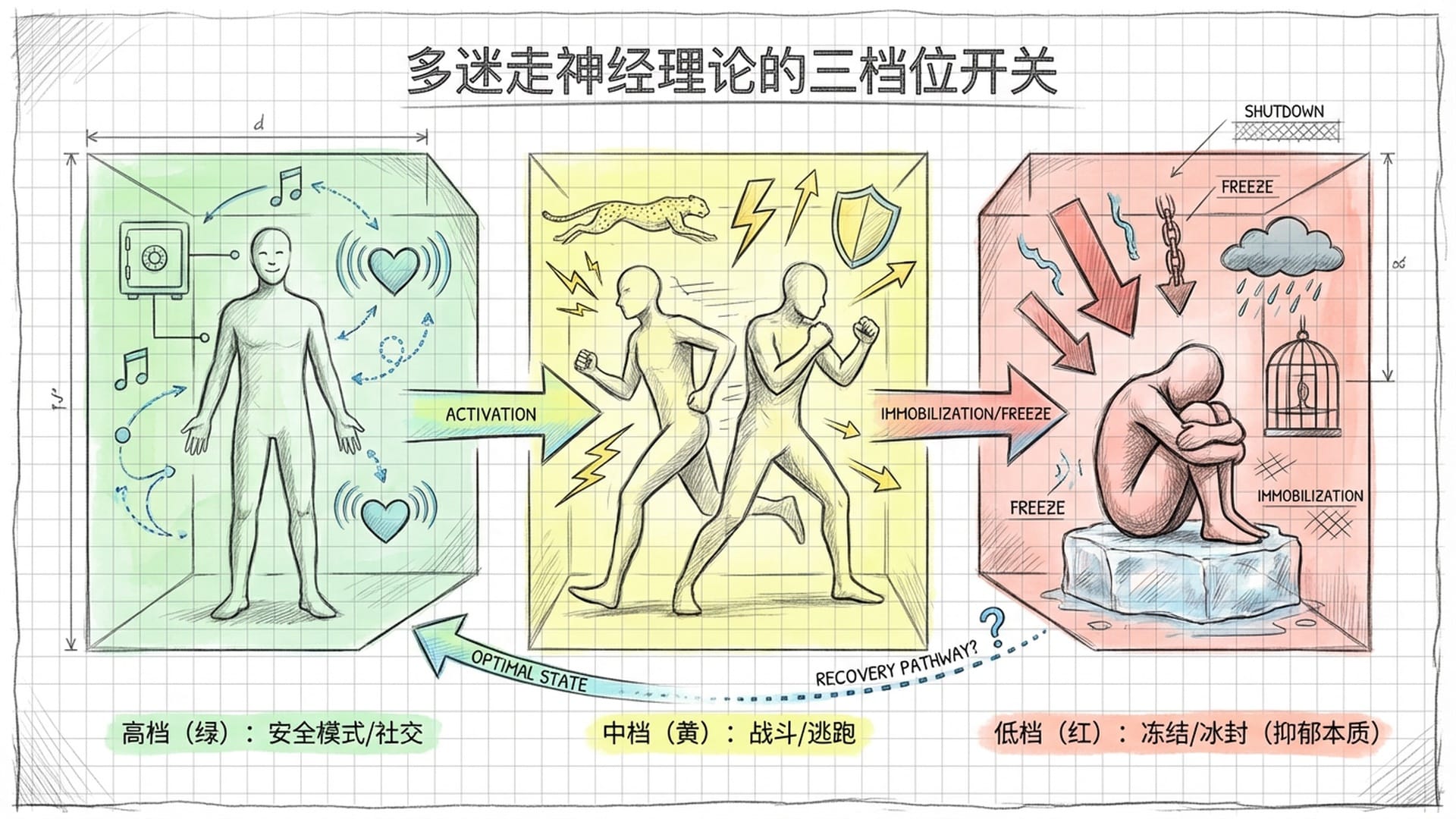 多迷走神经理论的三档位开关图示:绿、黄、红。