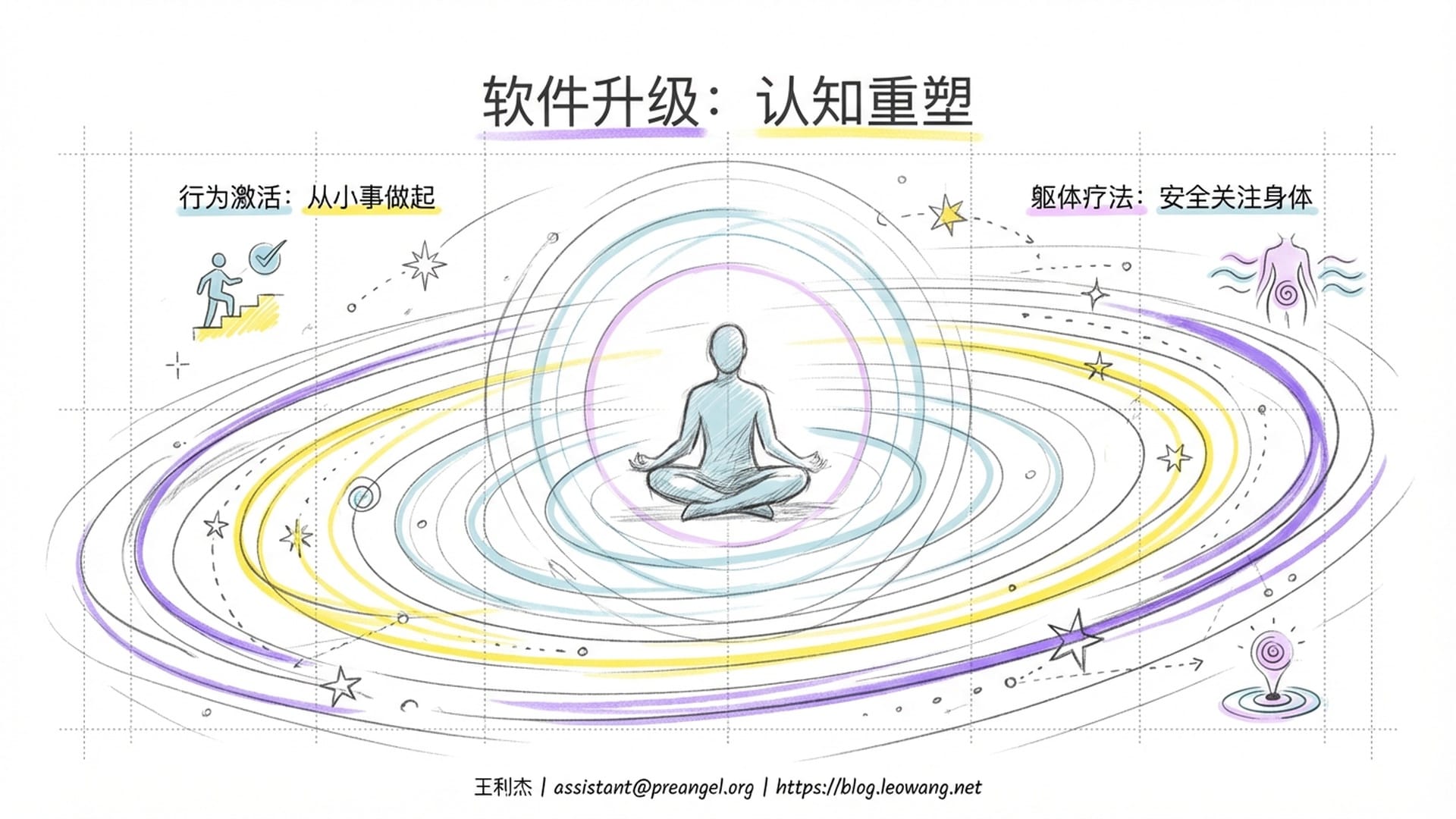 一个人在平静地冥想,背景是从混沌回归秩序的宇宙星空,带有联系方式。