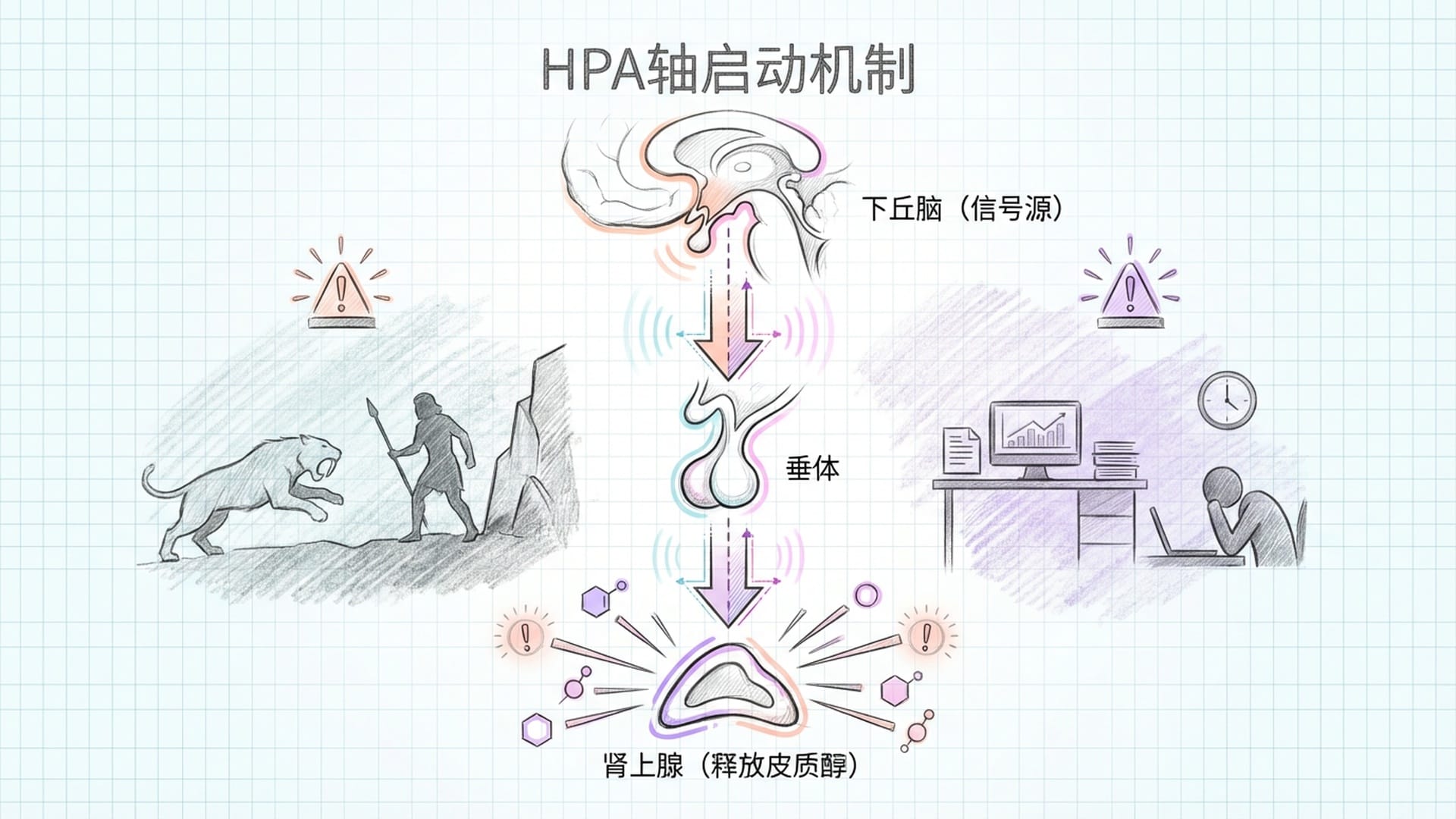 大脑内部HPA轴启动的示意图,从下丘脑到肾上腺的信号路径,像亮起的红色警报。