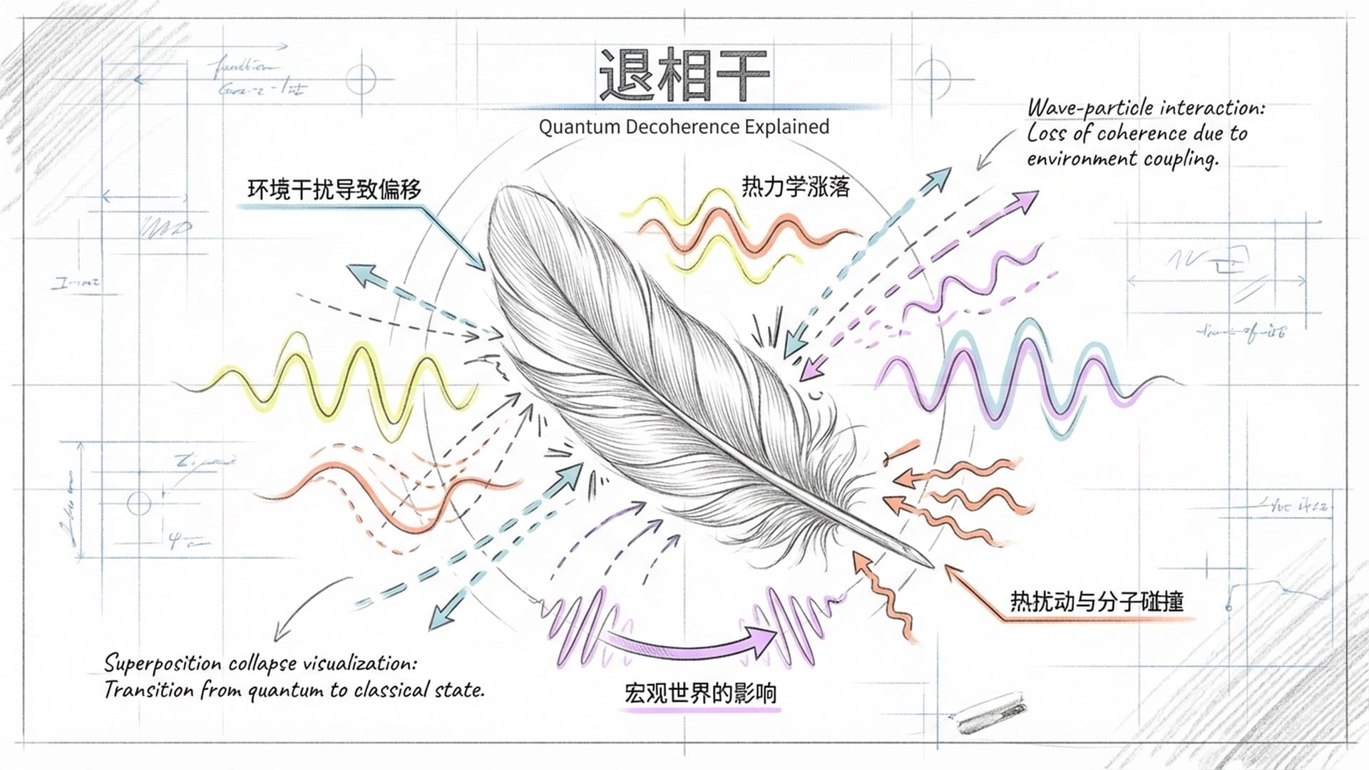一个极简的视觉比喻:一根极其细微的羽毛在真空中颤动,周围充满着代表空气分子、震动和热量的波纹线条。