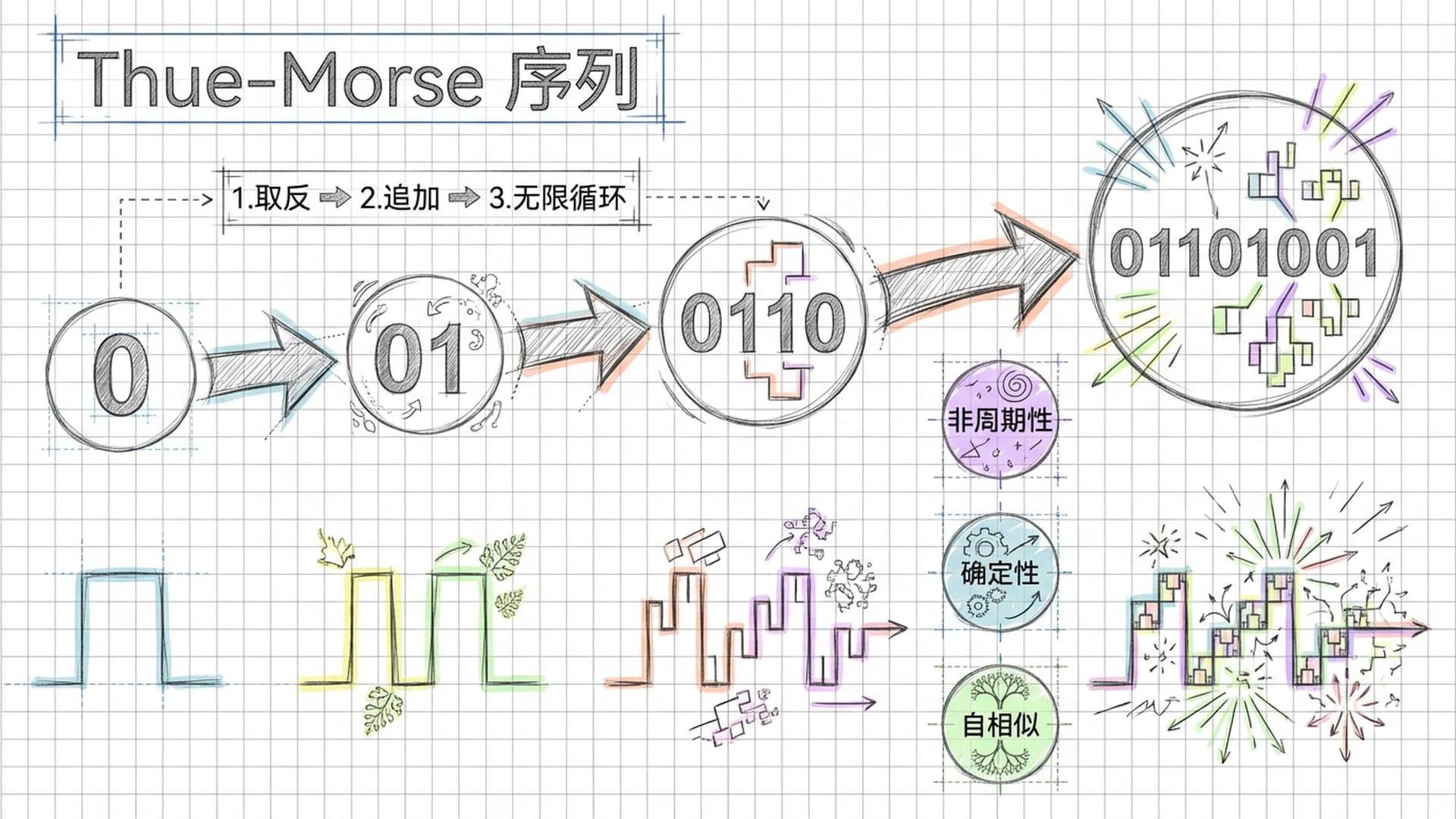 Thue-Morse 序列的生成过程展示:0 -> 01 -> 0110 -> 01101001,数字序列转化为具有分形美感的几何脉冲波形。