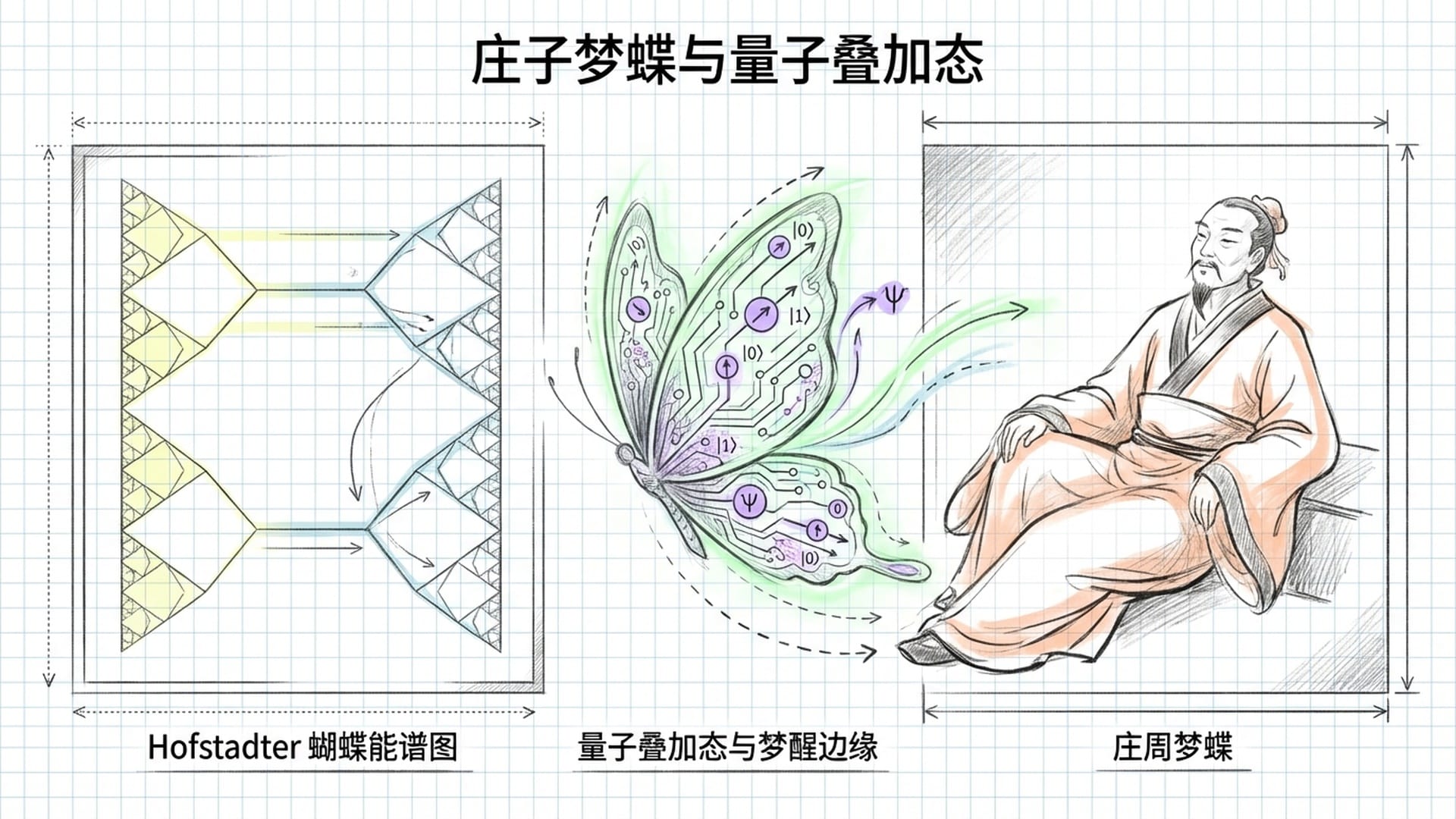 经典的“庄周梦蝶”意象,一只由量子位构成、带有分形光晕的蝴蝶在芯片与梦境之间穿梭,光影交错。