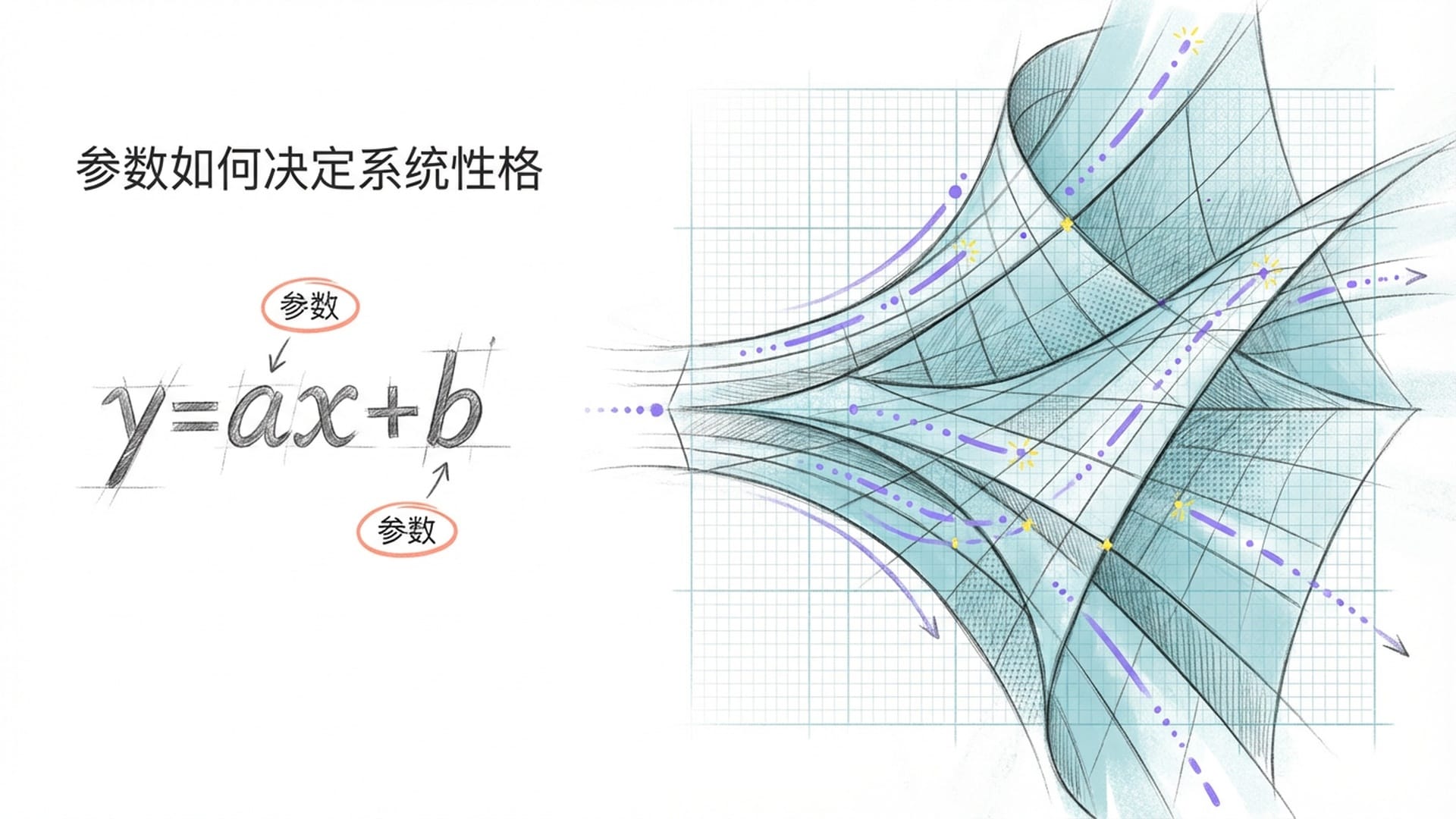 简单的数学公式 y=ax+b 逐渐变形为一个极其复杂的几何曲面，象征从简单逻辑到复杂模型的演变。