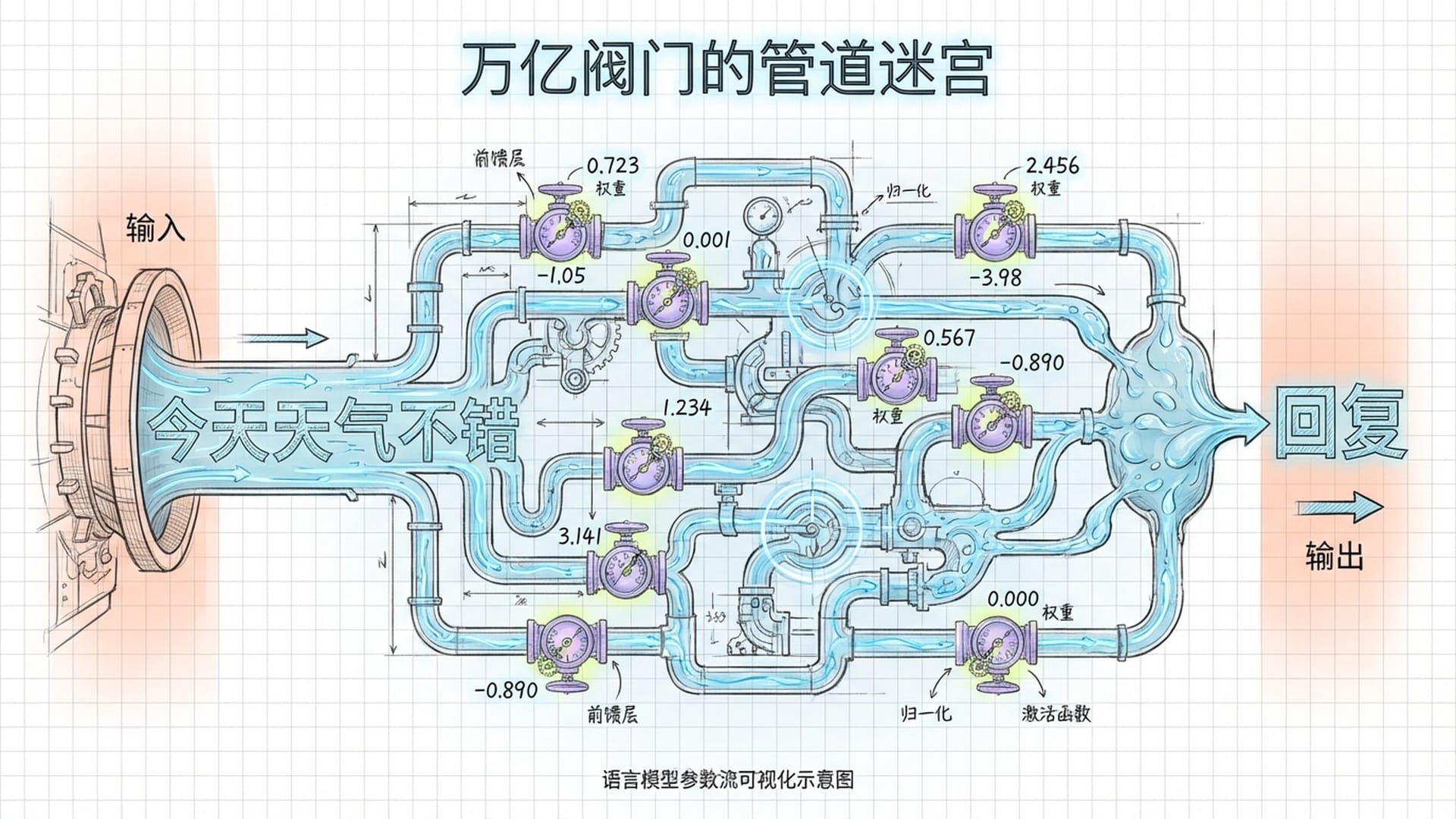 一个巨大的水管迷宫，每一个连接处都有一个发光的数字阀门，水流穿梭其间并在出口汇聚成文字。