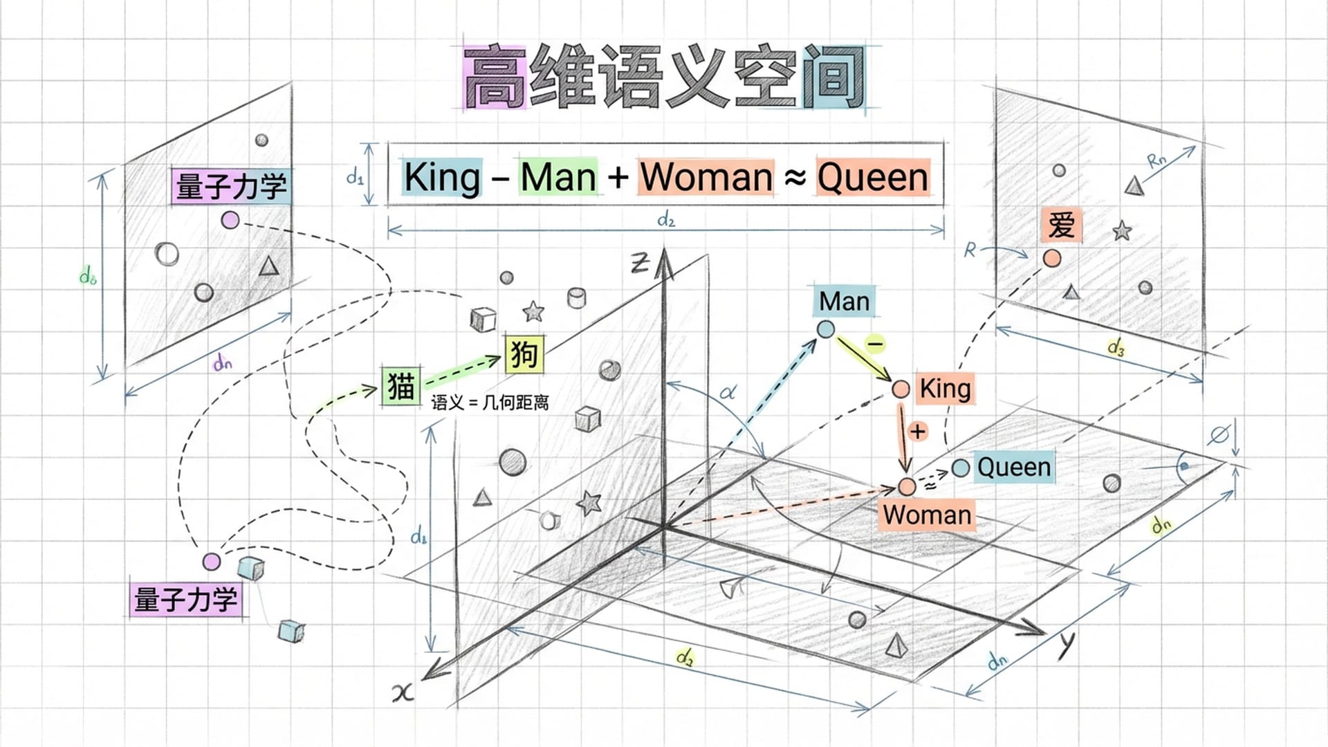 一个深邃的、拥有无数轴线的坐标系，'猫'、'狗'、'量子力学'等词汇作为发光的坐标点漂浮在不同位置。