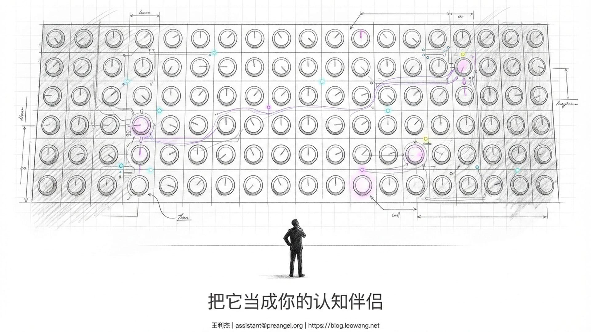 一面巨大的墙壁上整齐排列着万亿个旋钮，一个人站在墙前与微弱的光点对话，画面宁静而深远。