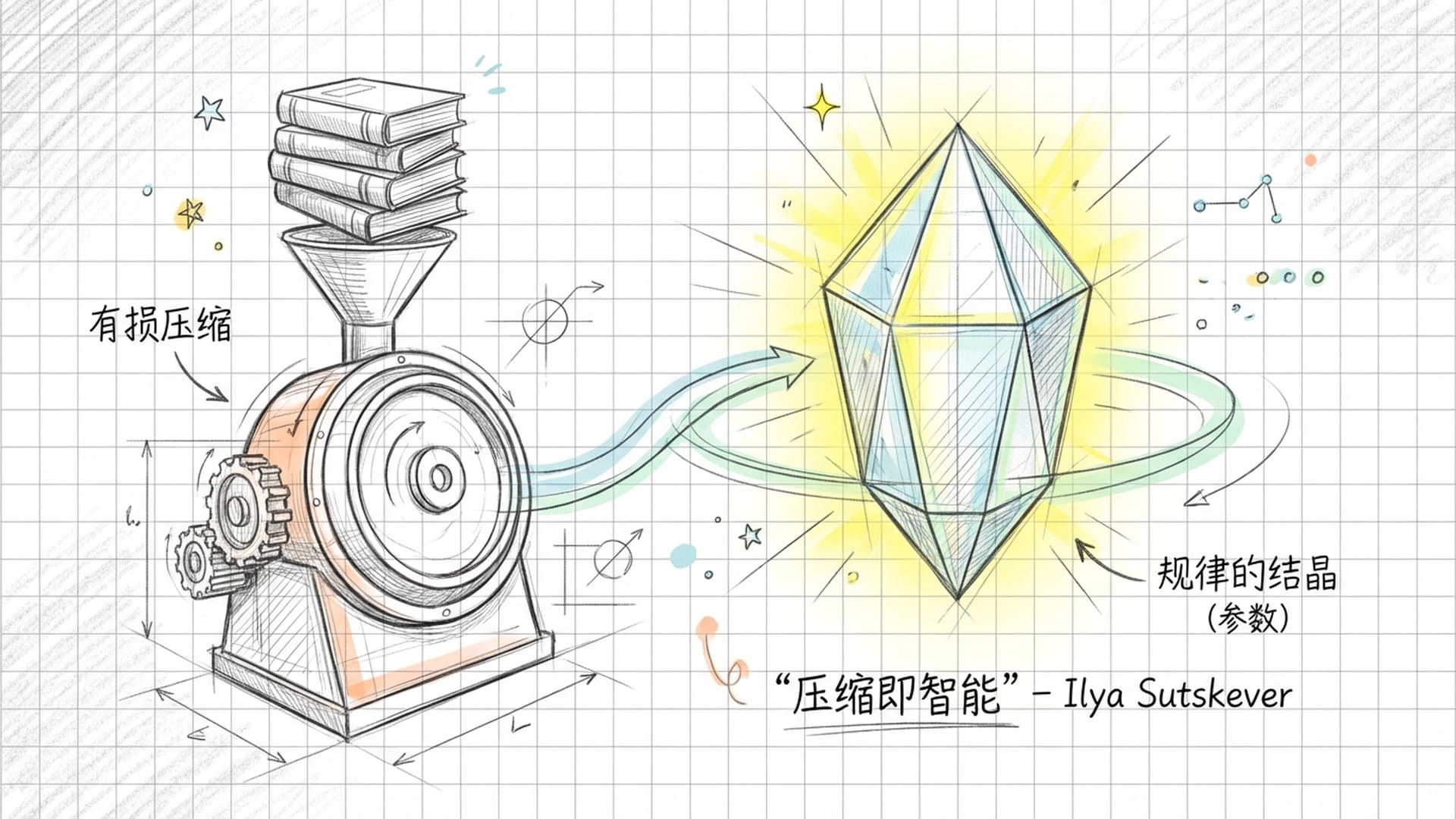 一叠厚重的百科全书被投入一台巨大的离心机，最后从另一端取出一颗发光的、多面体的晶体。
