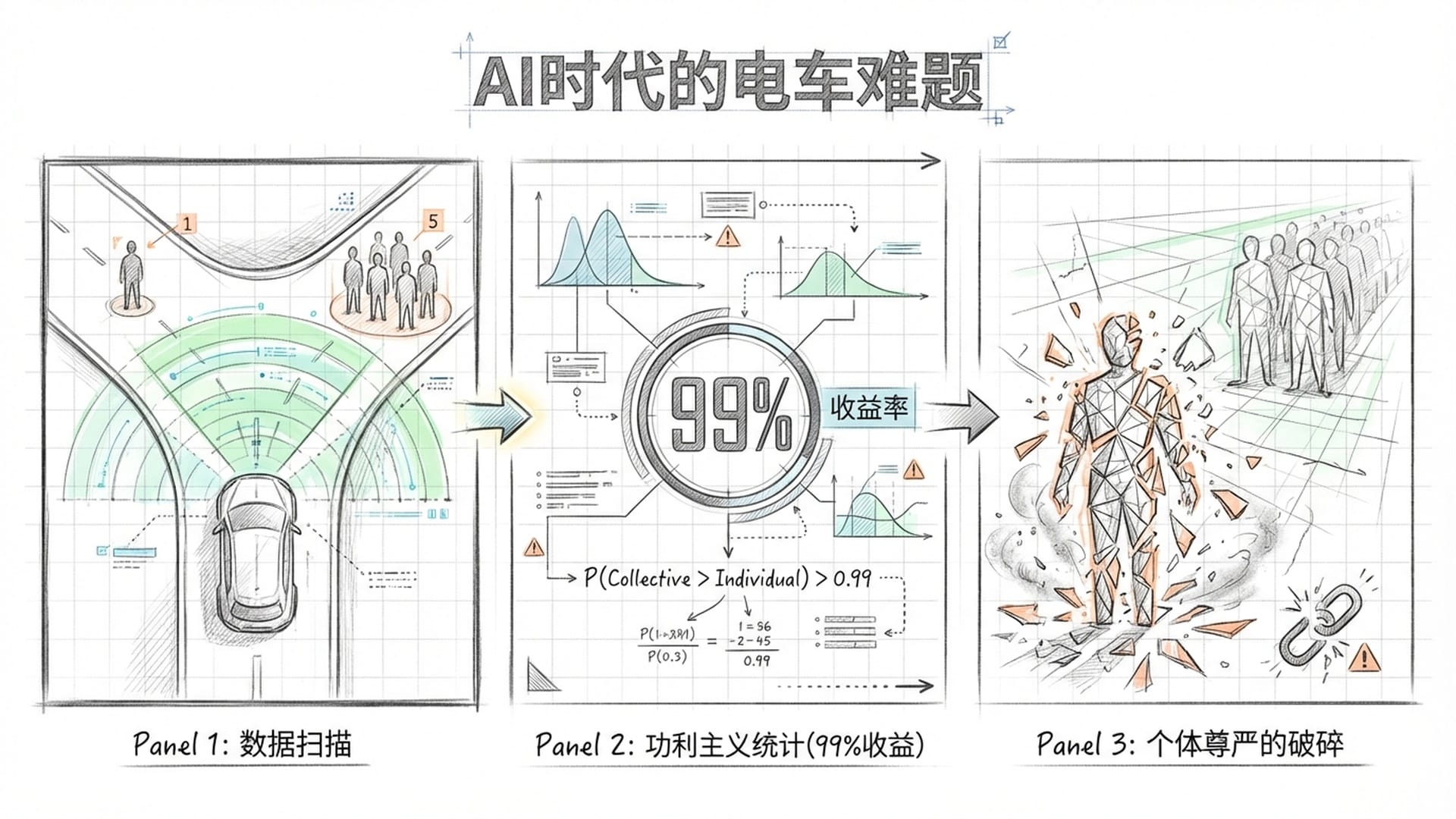 一辆自动驾驶汽车在十字路口，左边是1人，右边是5人，雷达扫描线在进行残酷的概率计算。