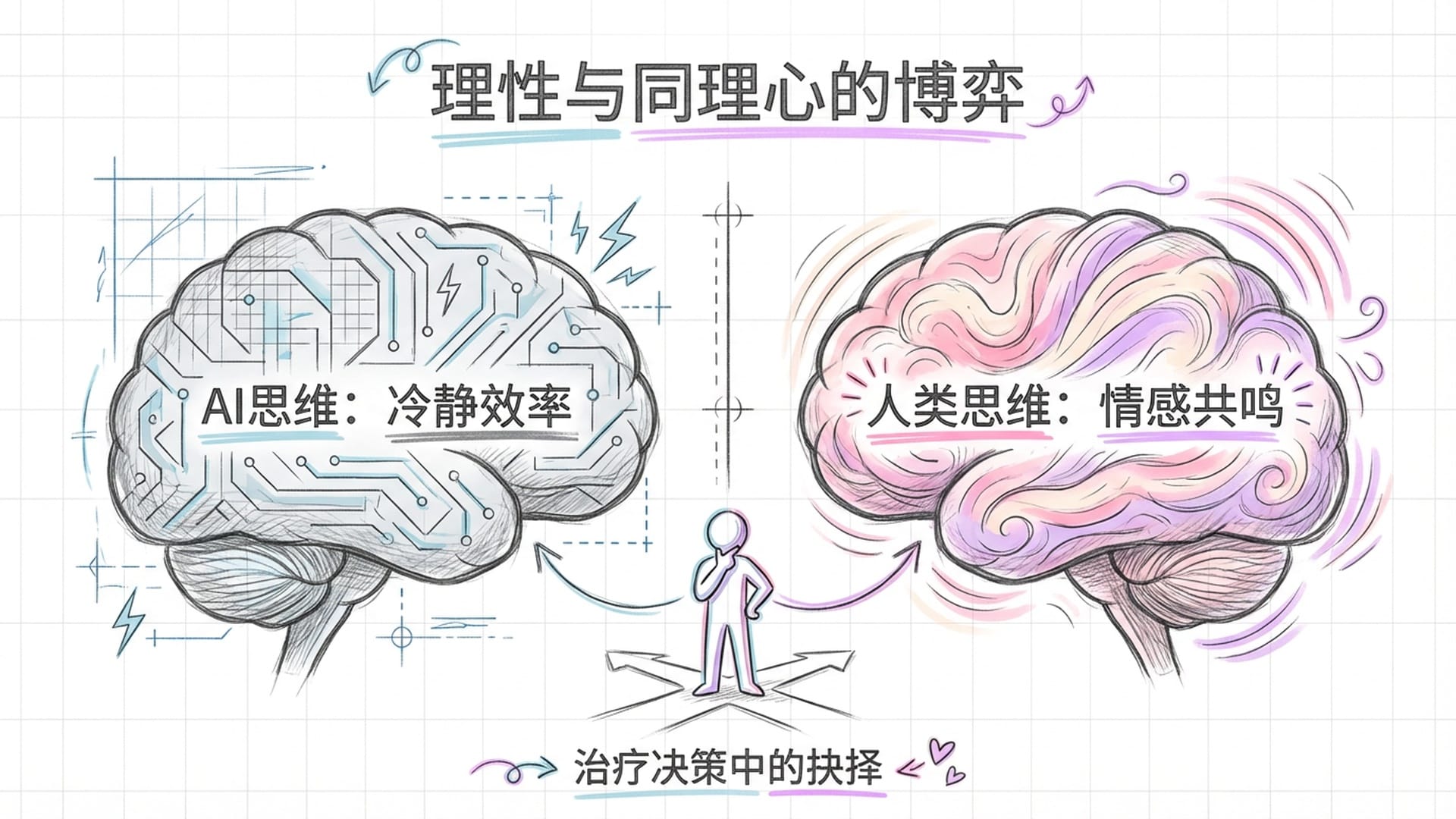 两个大脑的对比，一个是布满脉动电压的AI大脑（无情绪），一个是充满色彩斑斓光芒的人类大脑（有同理心）。