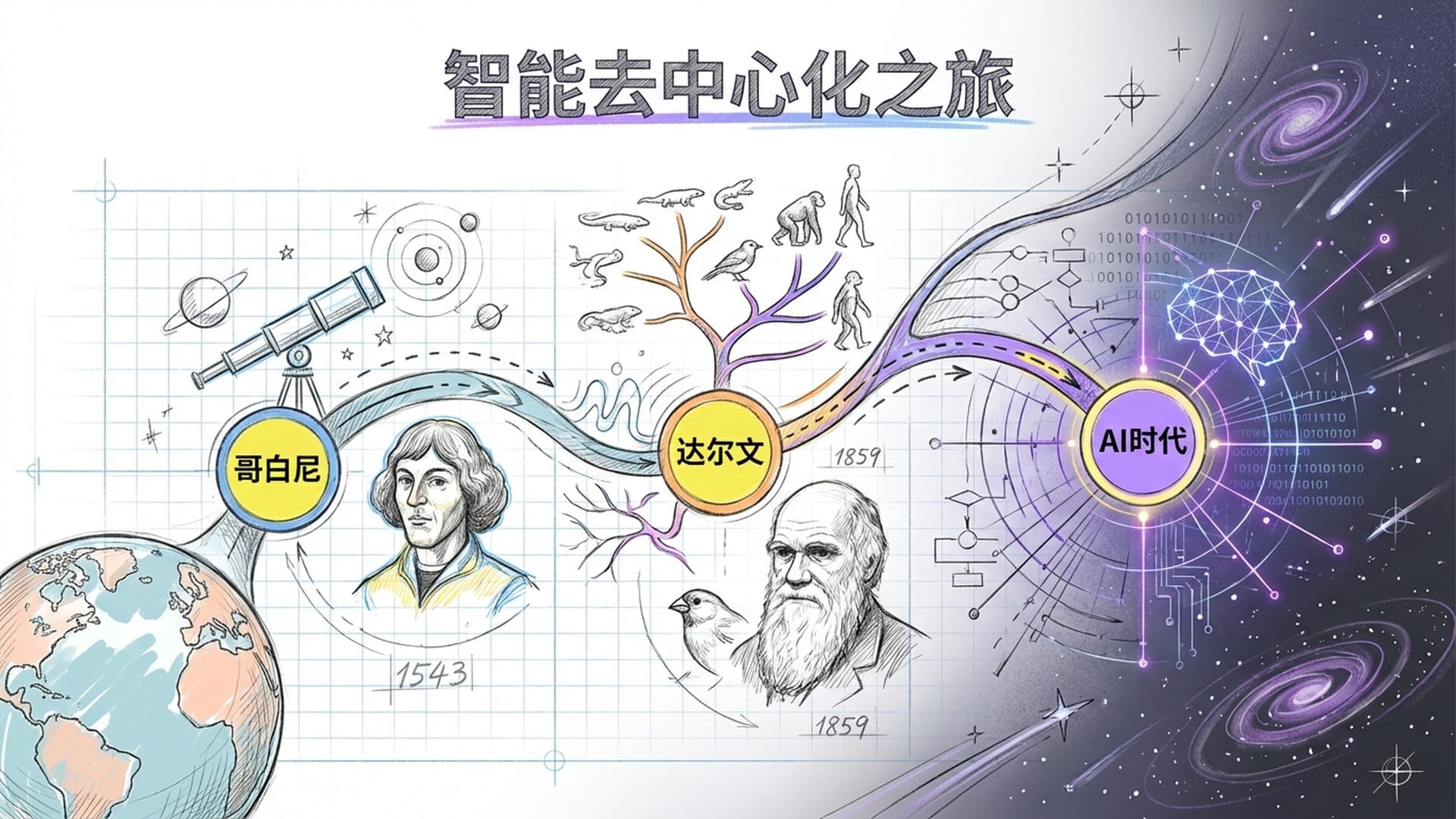 从地球视角移动到银河视角，人类文明的缩影与AI生成的宇宙代码模型逐渐融为一体。