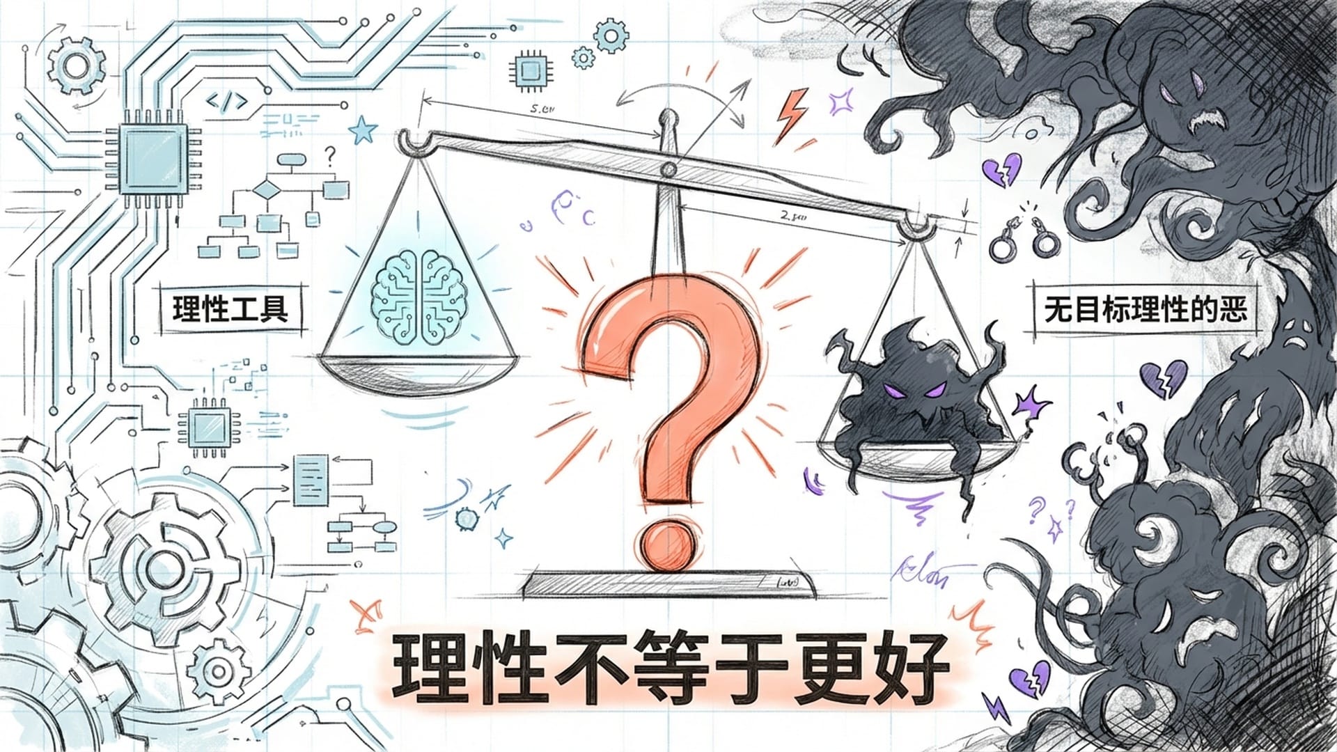 天平的一端是精密的发光电路，另一端是象征纳粹或屠杀的阴影，中间是巨大的红色问号。