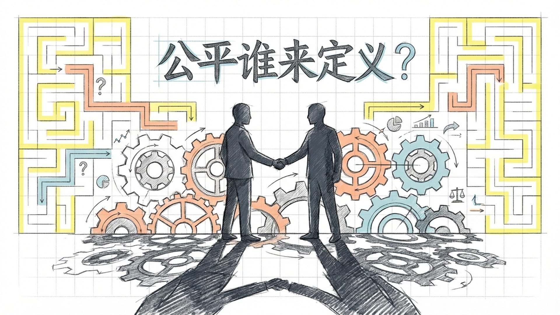 科技巨头与监管者的握手，阴影中是算法在定义公平的齿轮，展现权力的微妙冲突。