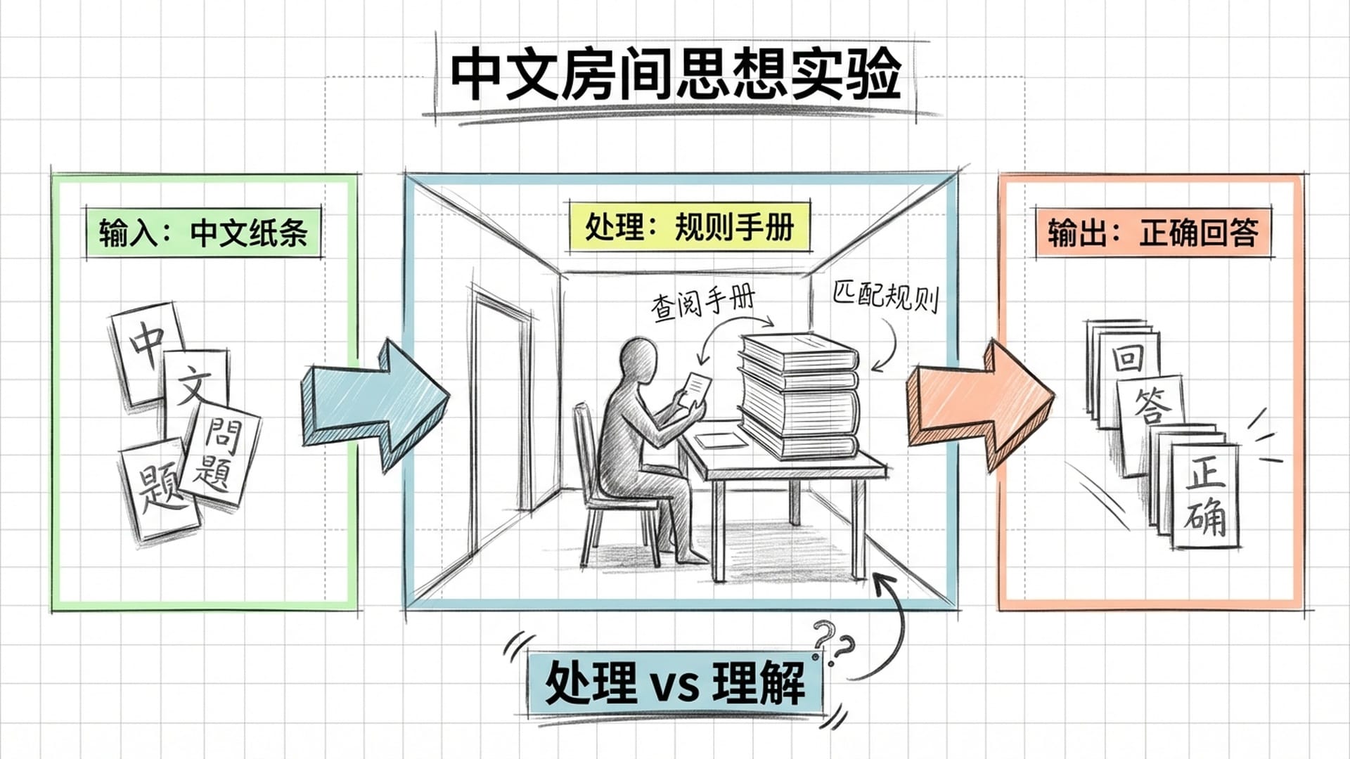 约翰·塞尔的“中文房间”示意图，一人在密闭房间内翻阅海量手册。