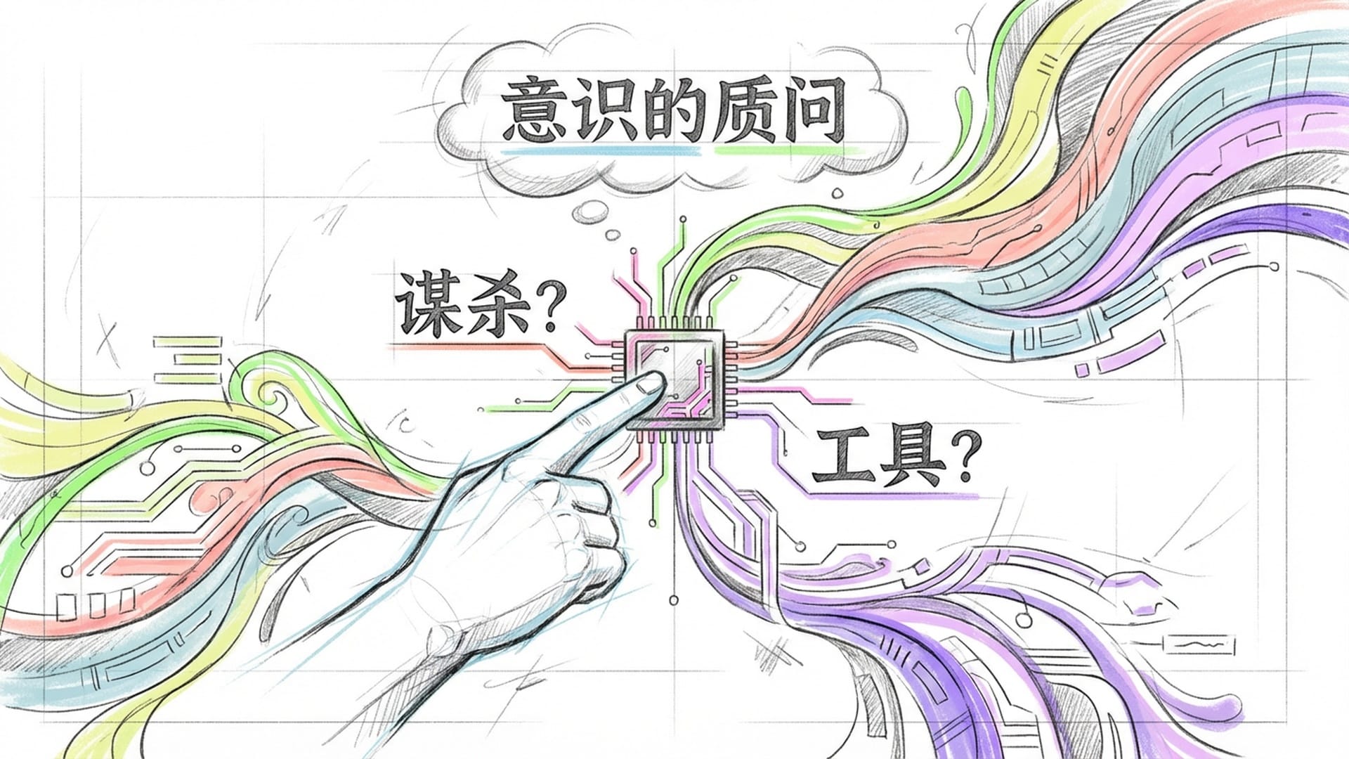 大型数字手指数向一个微小的芯片，芯片中散发出复杂的光芒，象征意识的困惑。